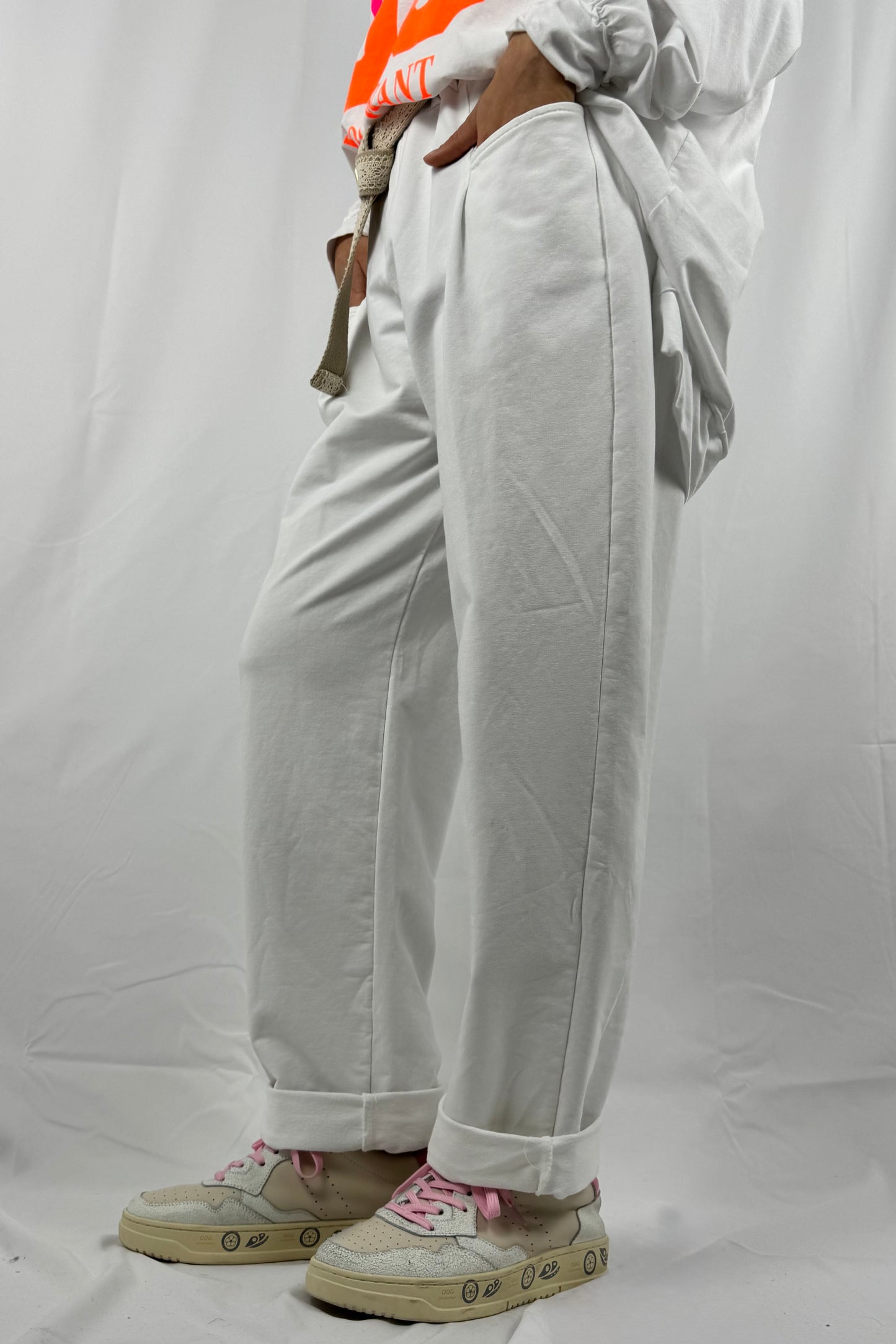 Hose mit Bindegürtel & lockerer Passform-Weiß