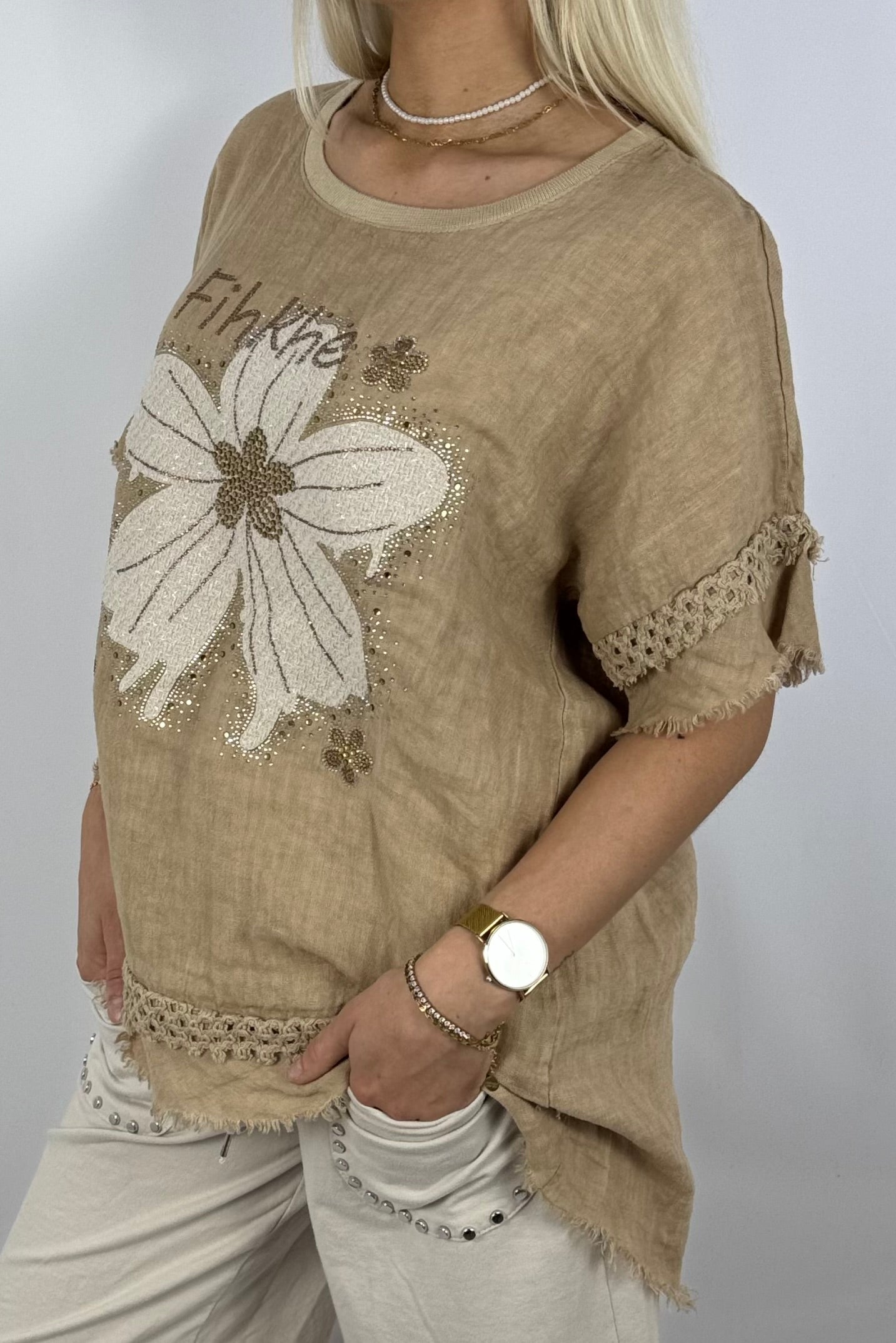 Leinen-Shirt mit Blumenprint & Häkel-Details-Safari