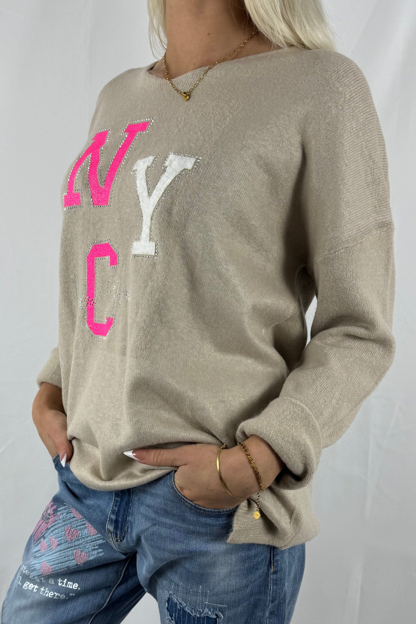 Oversize Shirt mit NYC-Print –Beige