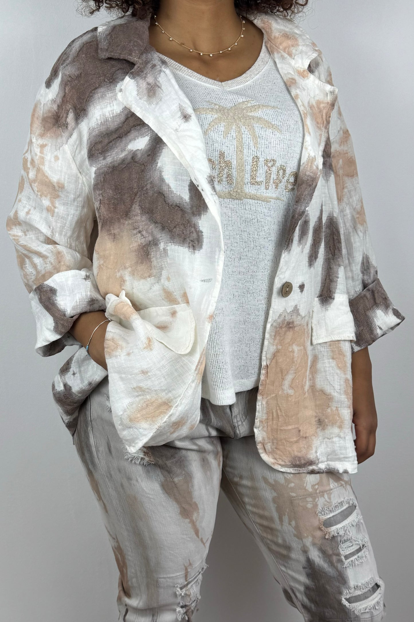 Oversize Damenbluse mit Batikmuster aus 100% Leinen