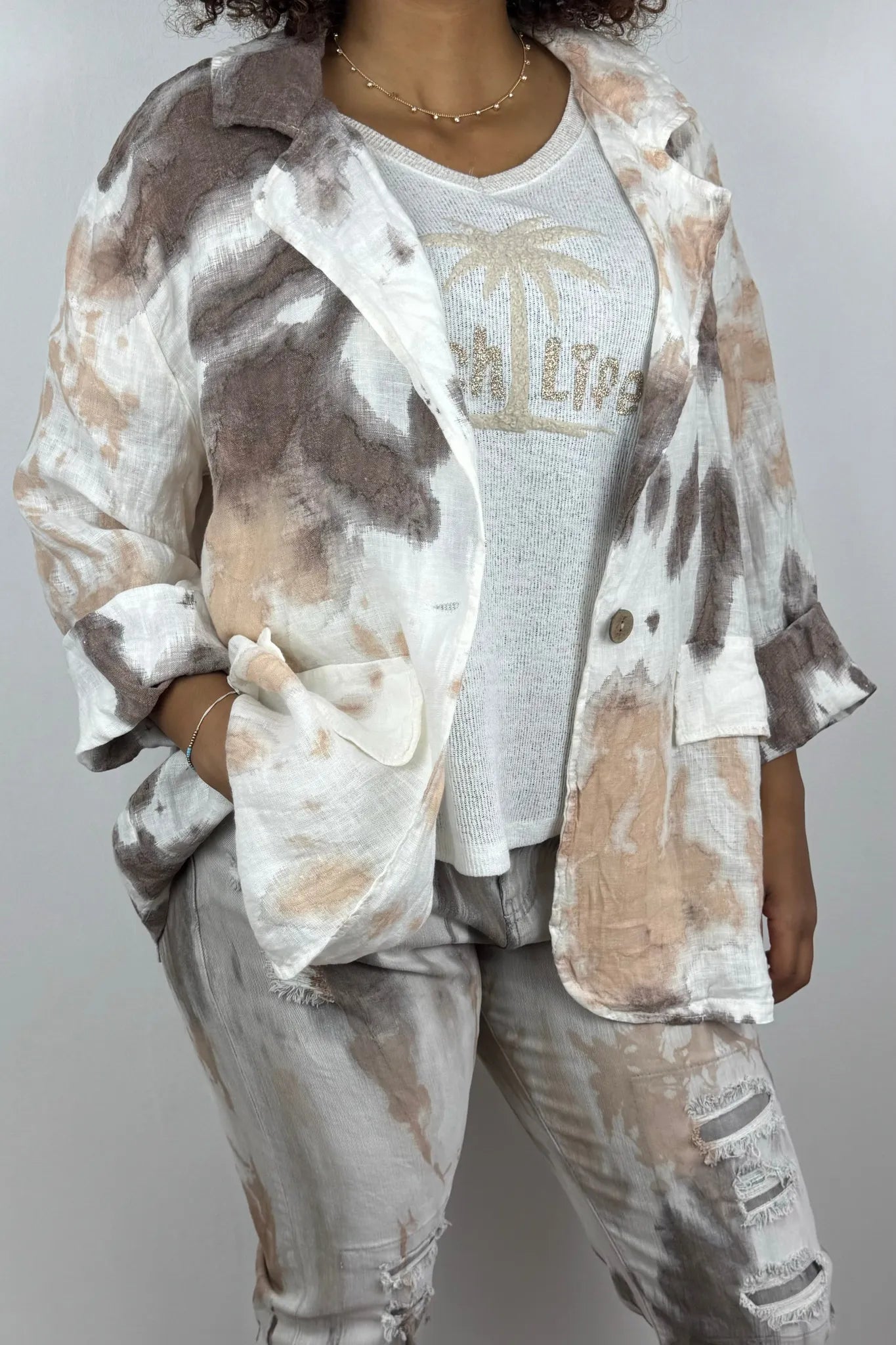 Oversize Damenbluse mit Batikmuster aus 100% Leinen