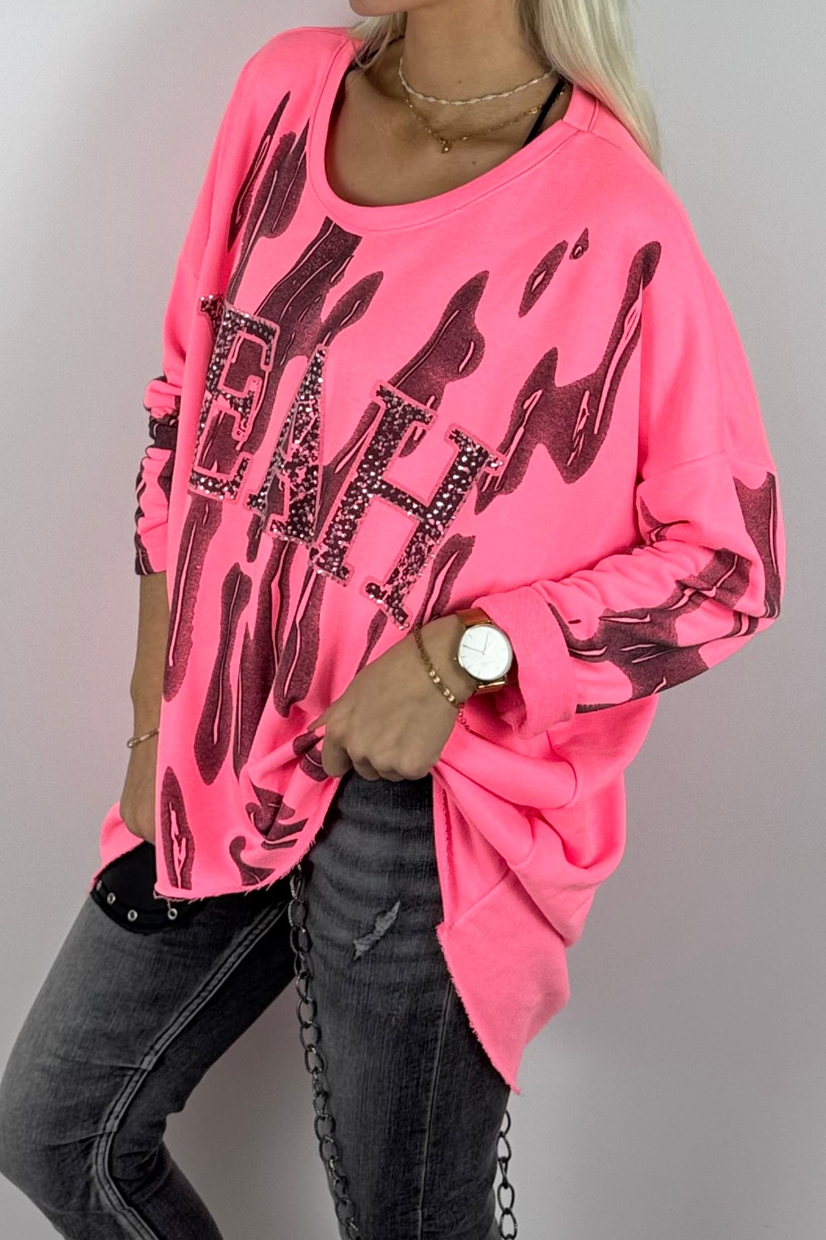 Damen-Sweatshirt mit „YEAH“-Schriftzug und Glitzersteinen-Neon Pink