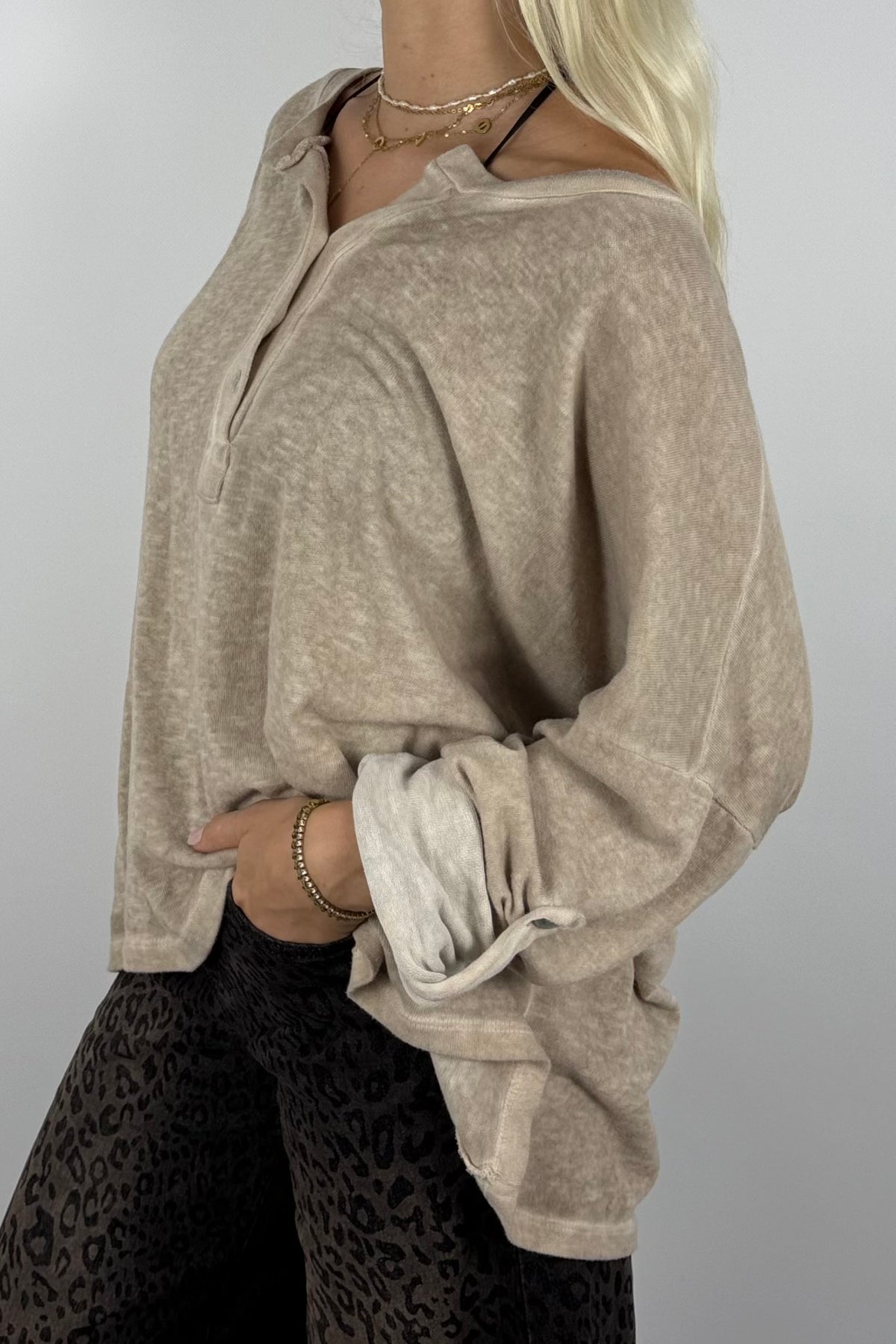 Oversize Shirt mit Knopfleiste-Beige
