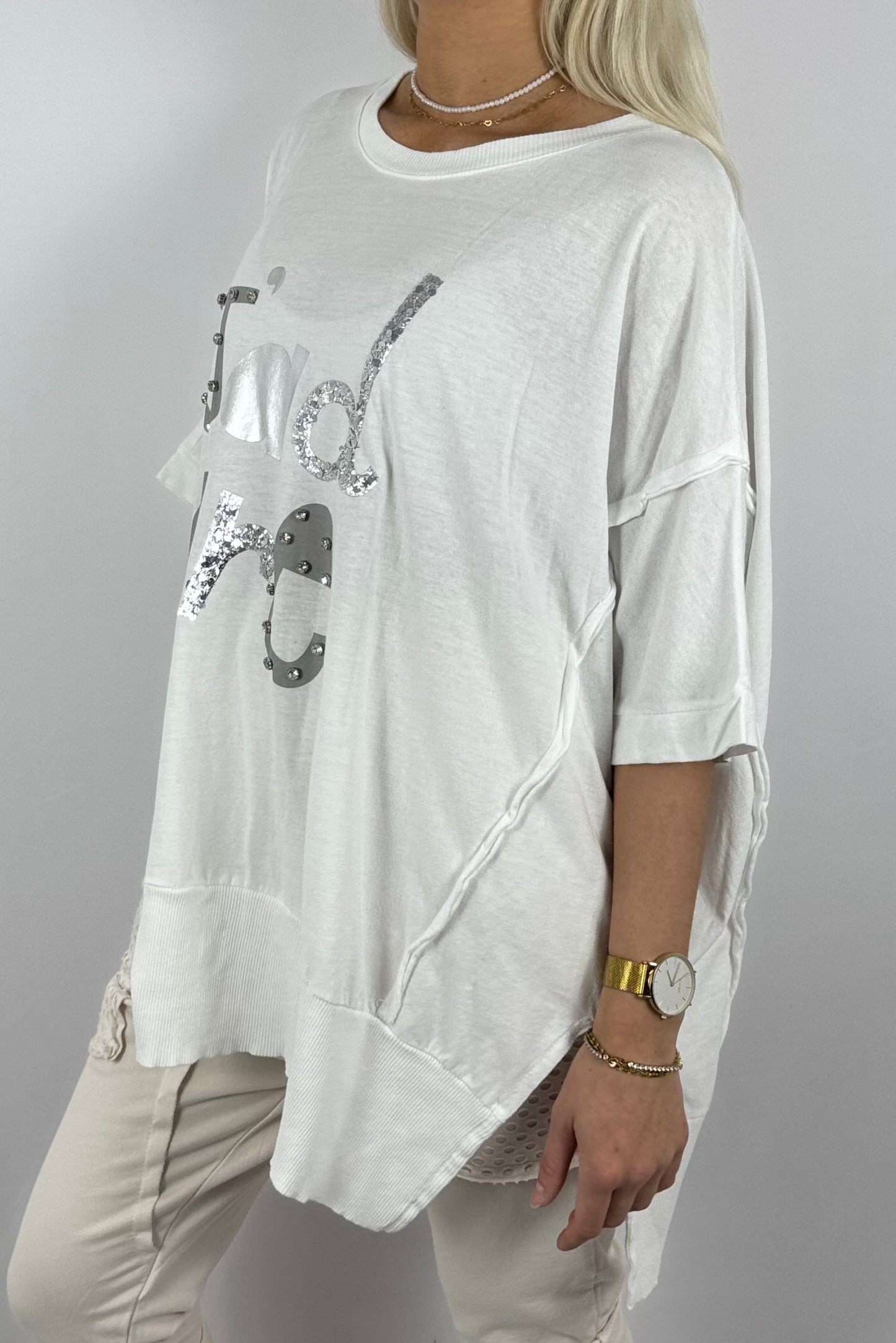 Oversize-Shirt „J’adore“ mit Glitzer-Print-Weiß