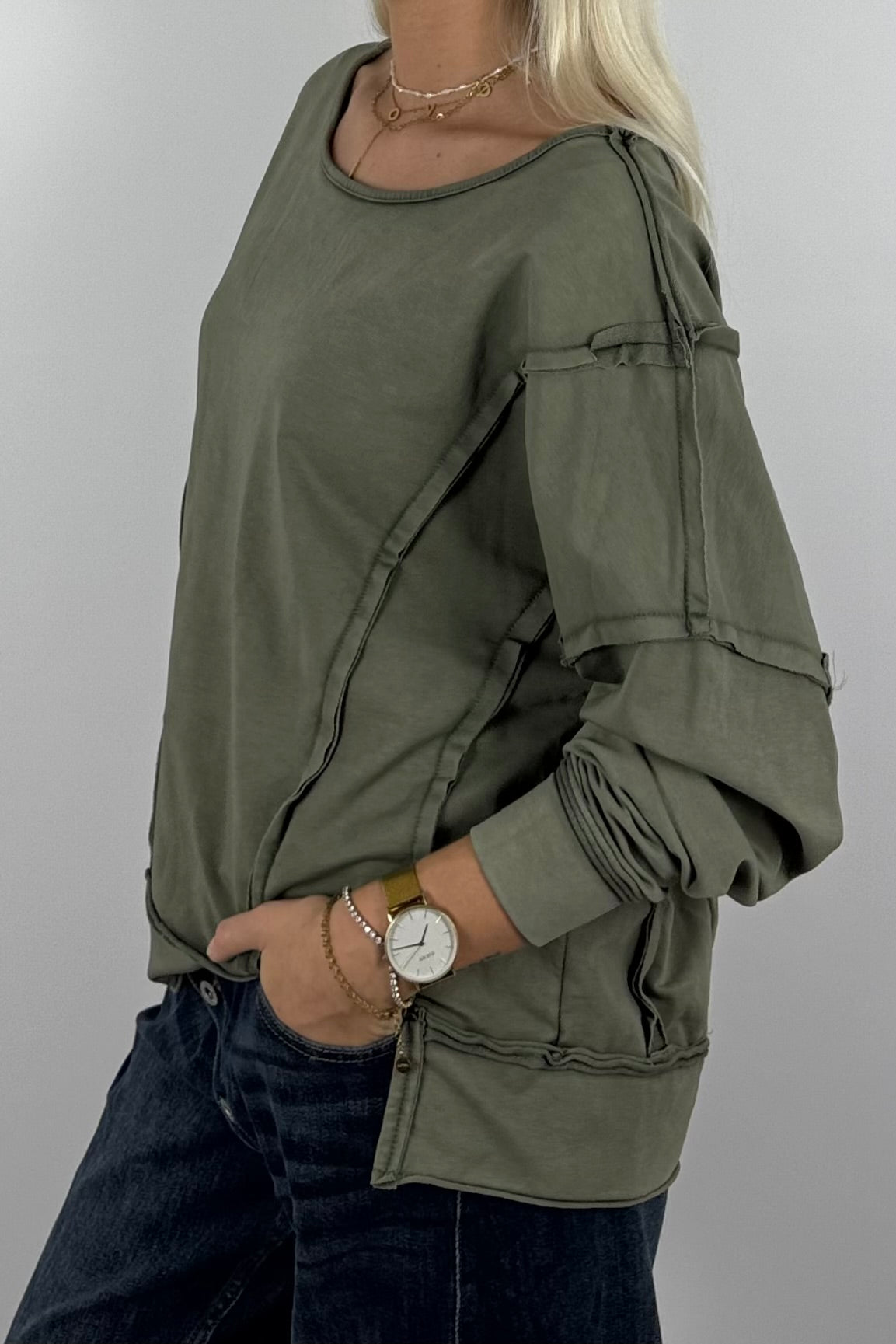 Oversize Shirt mit dekorativen Nahtdetails –Khaki