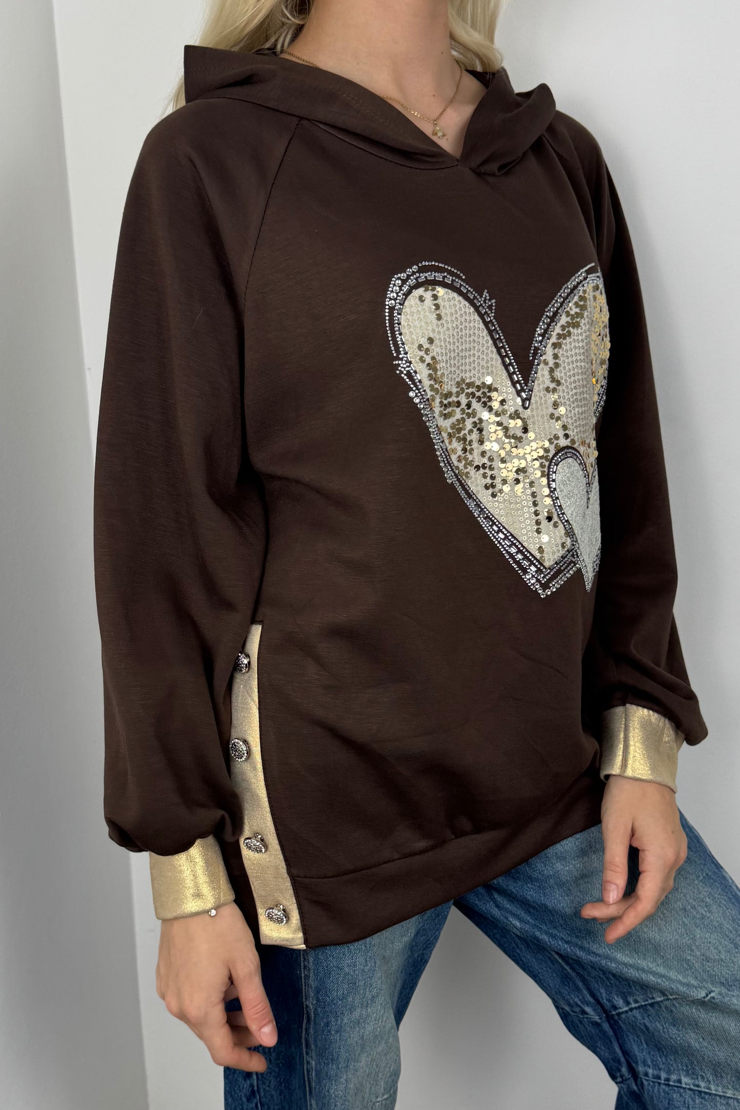 Hoodie mit Herz-Applikation und Glitzer-Details-Choco