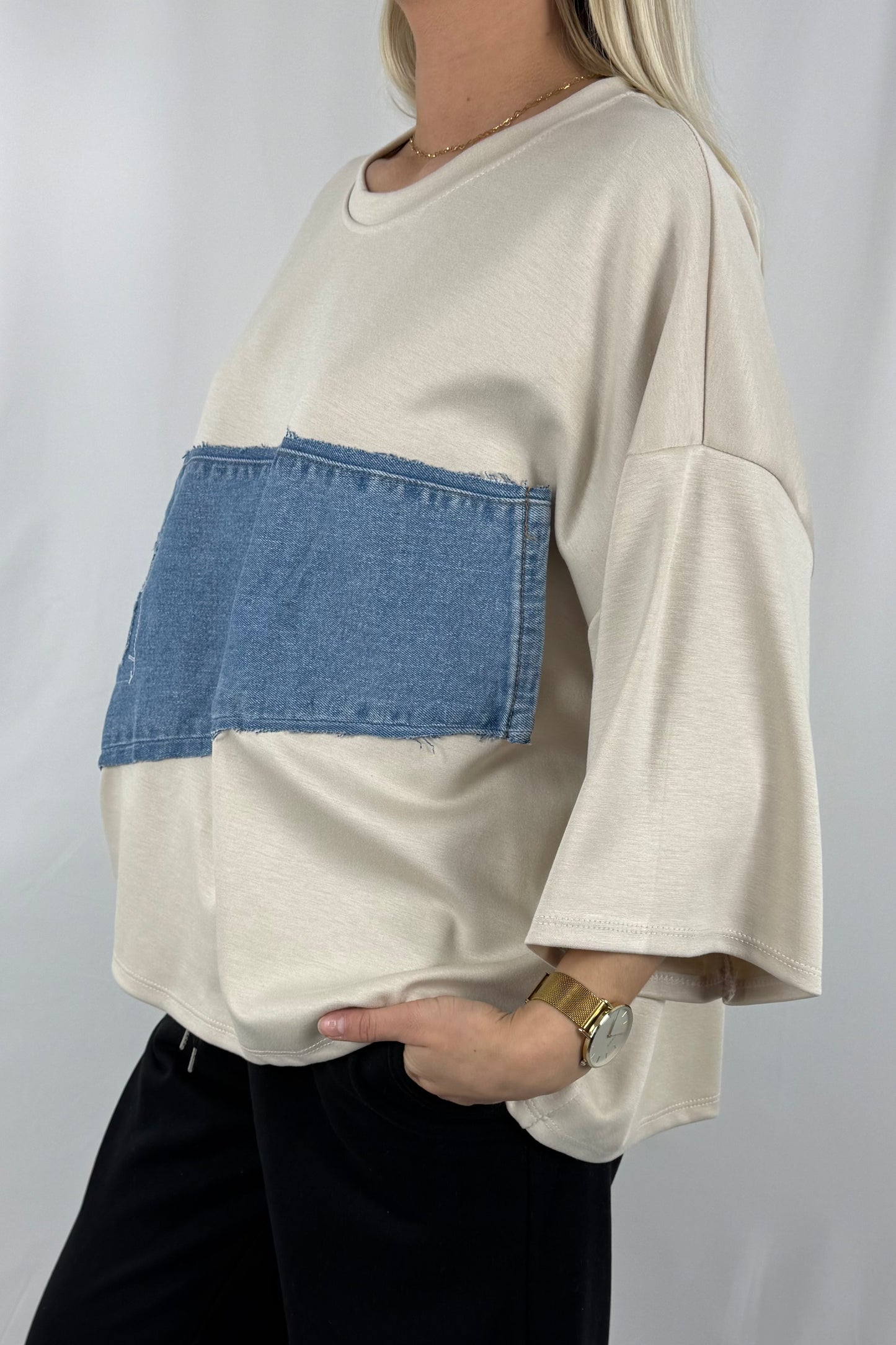 Oversize Damen Shirt mit Denim Patch und Used Look Detail-Beige
