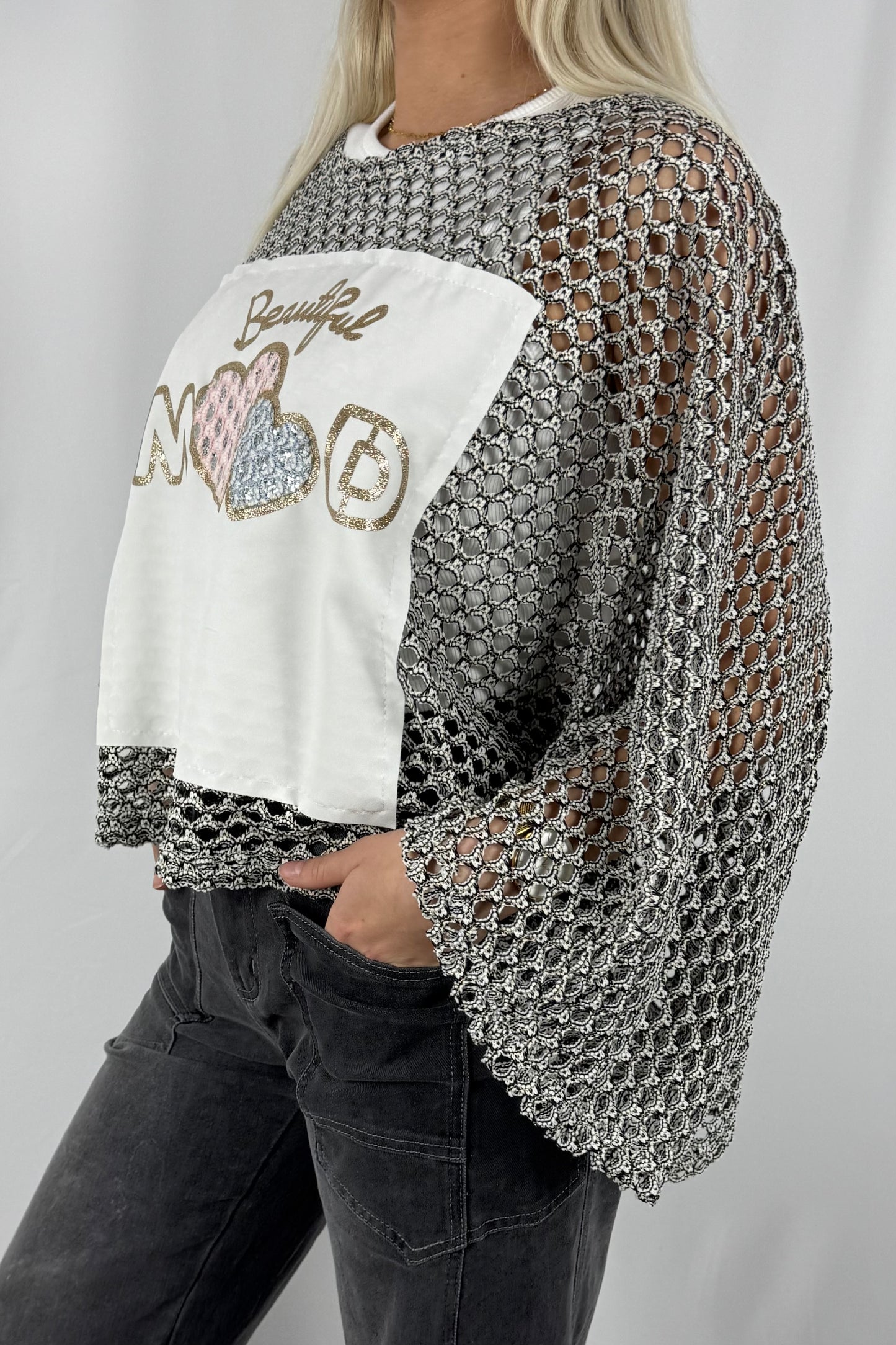 Damen Strickpullover mit Netzstruktur und Beautiful Mood Print-Schwarz