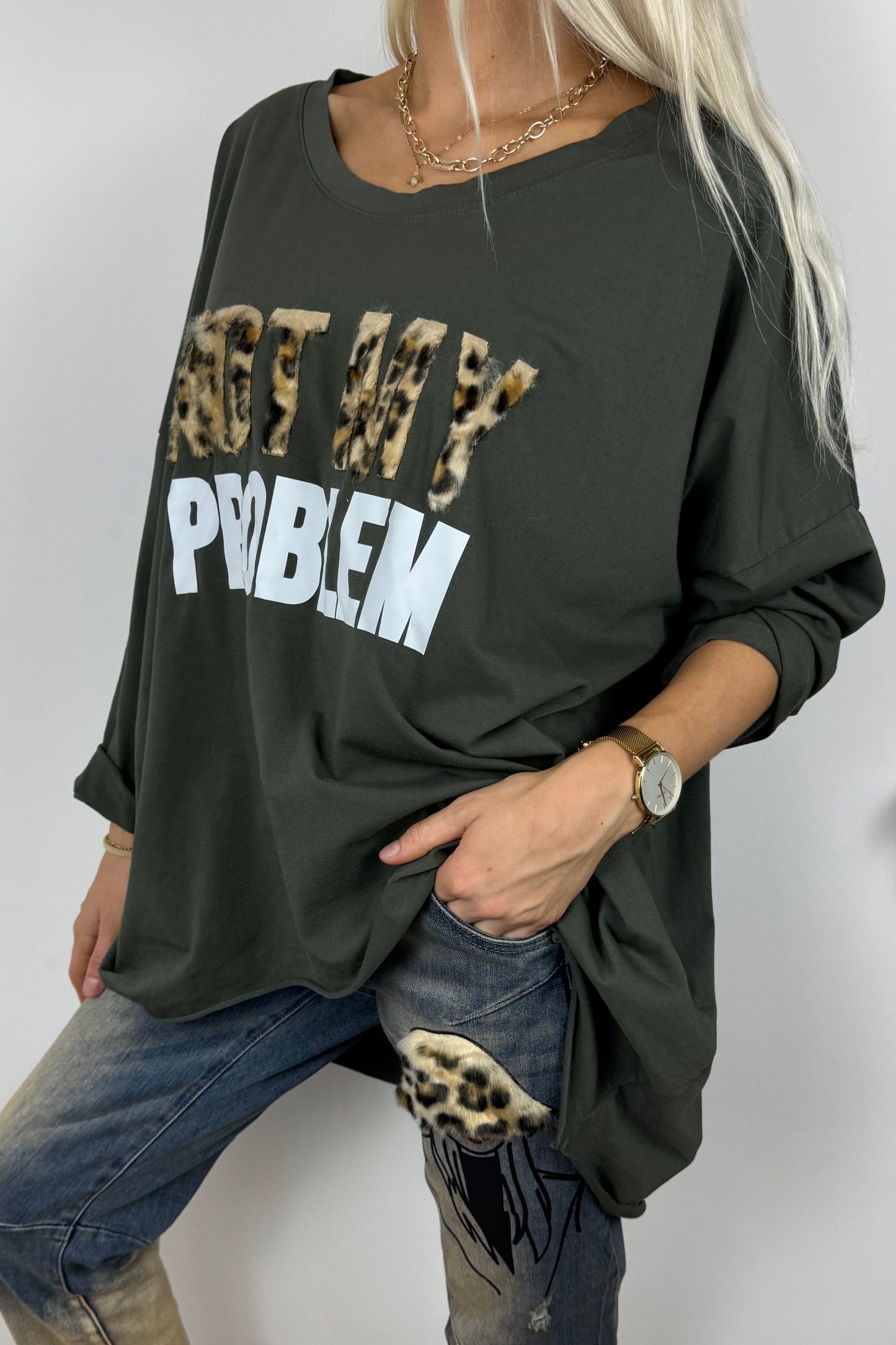 Locker geschnittenes Damen-Shirt mit Statement-Print-Khaki