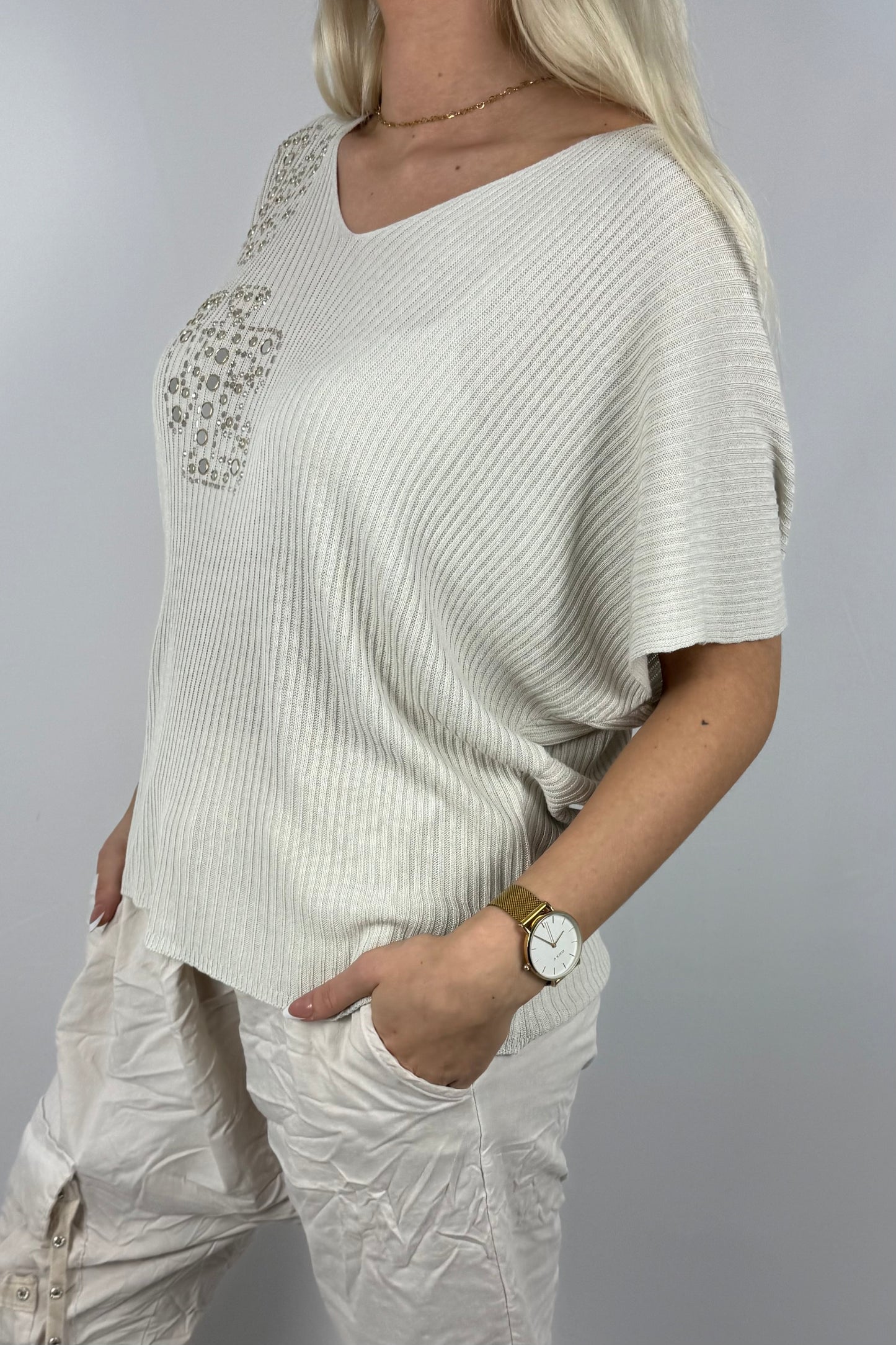 Strickshirt LOVE mit Glitzersteinen Damen-Beige