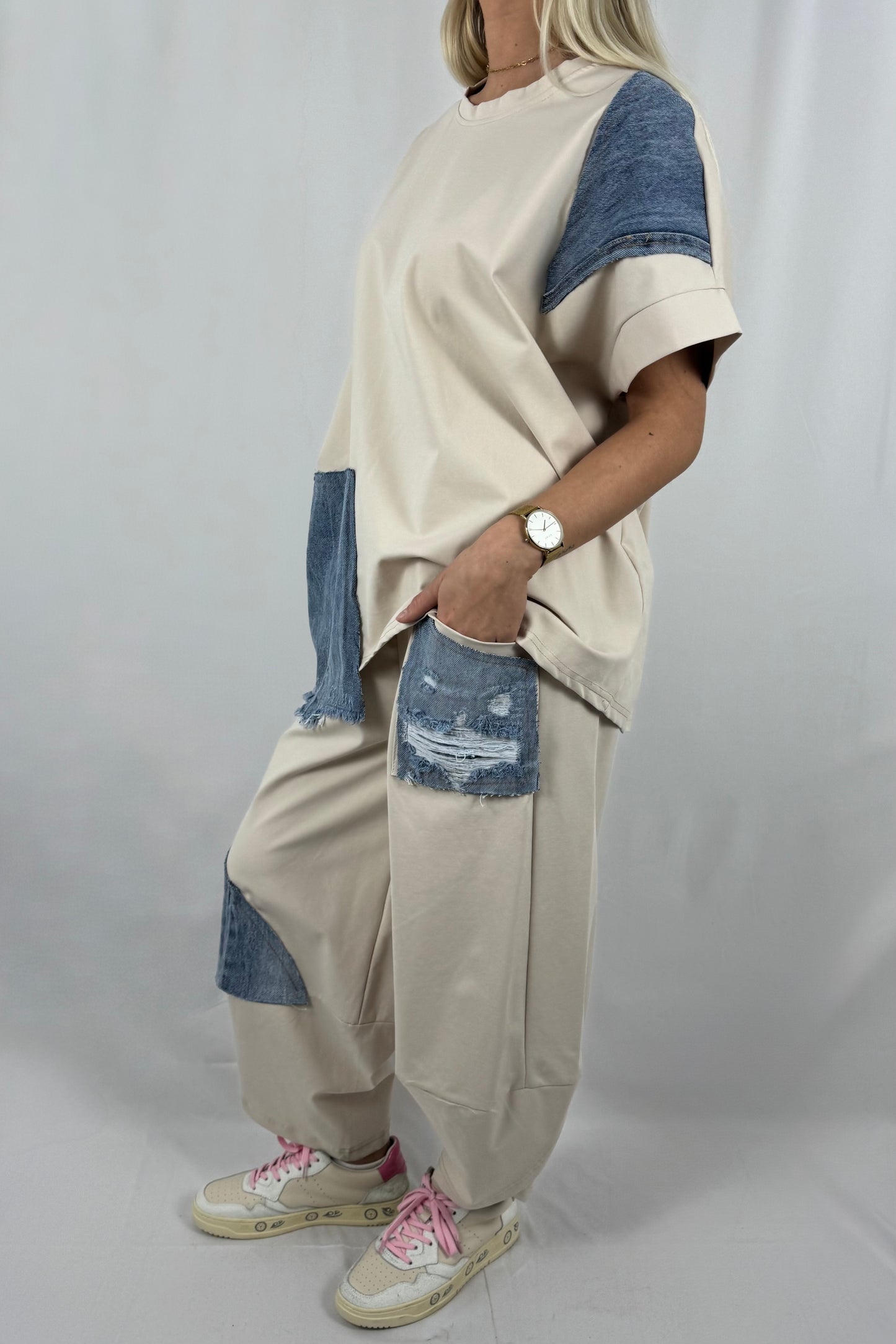 Damen Zweiteiler Set mit Denim Patch Details-Beige