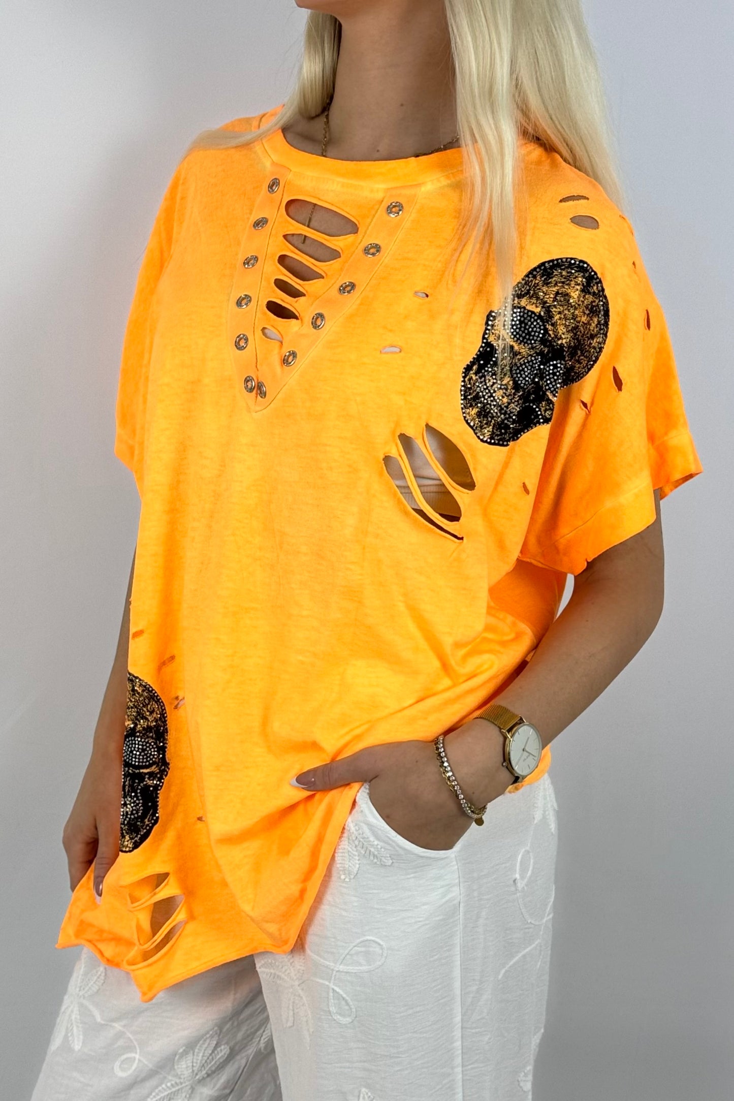 Skull-Shirt mit Strassdetails – trendig & lässig-Neon Orange