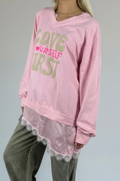 Oversize Shirt „Love Yourself First“-Rosa