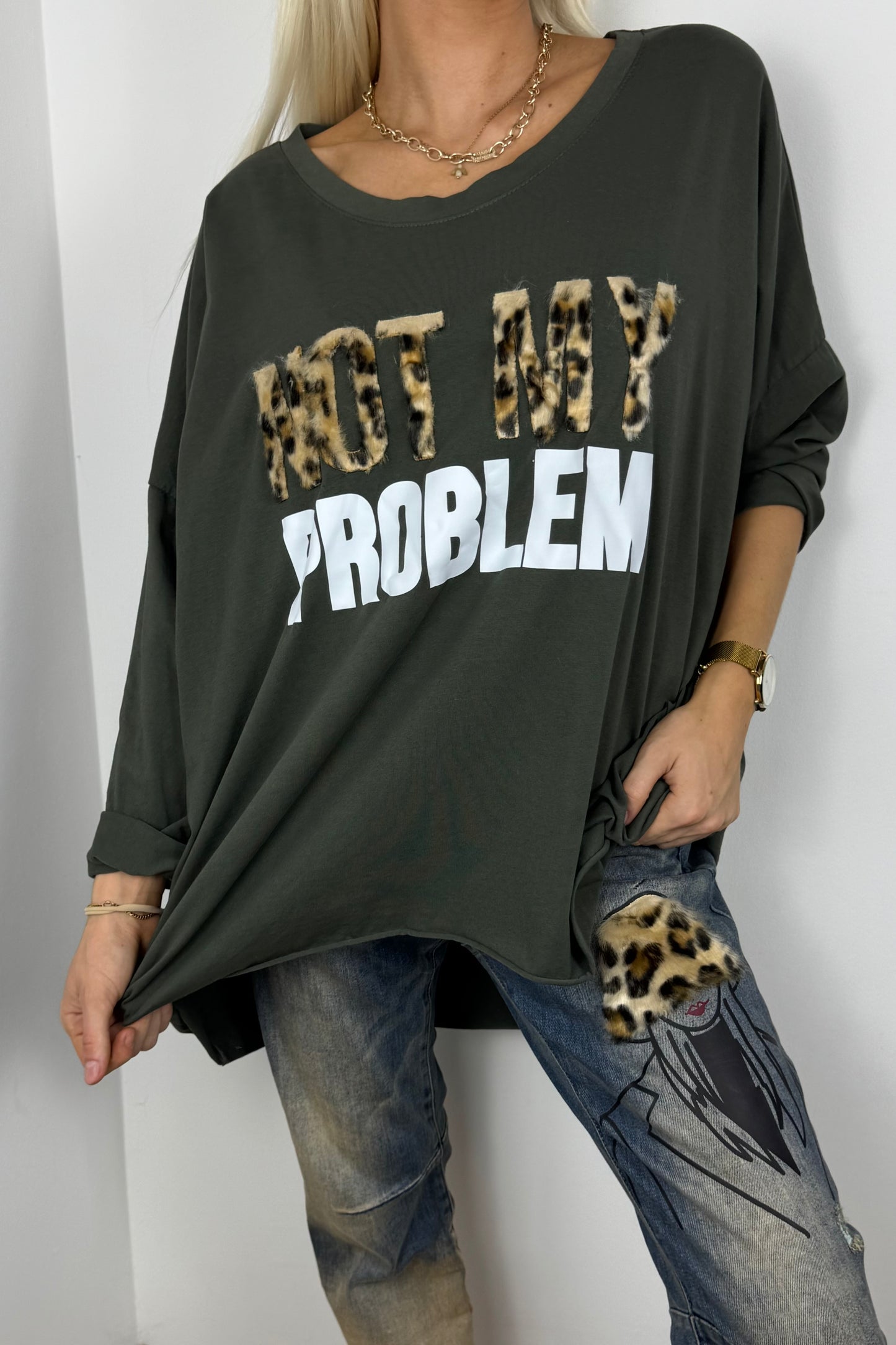 Locker geschnittenes Damen-Shirt mit Statement-Print-Khaki