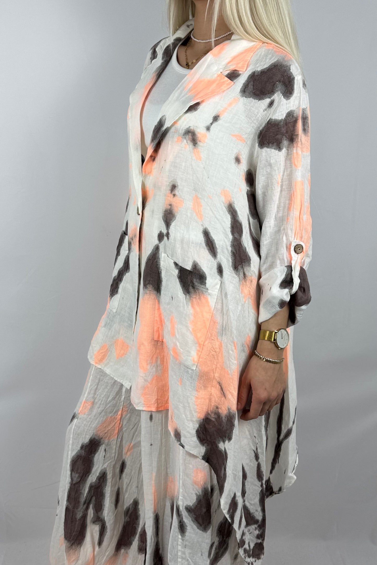 Leinen Bluse mit Batik Muster – Lockerer Oversize Style-Neon Orange