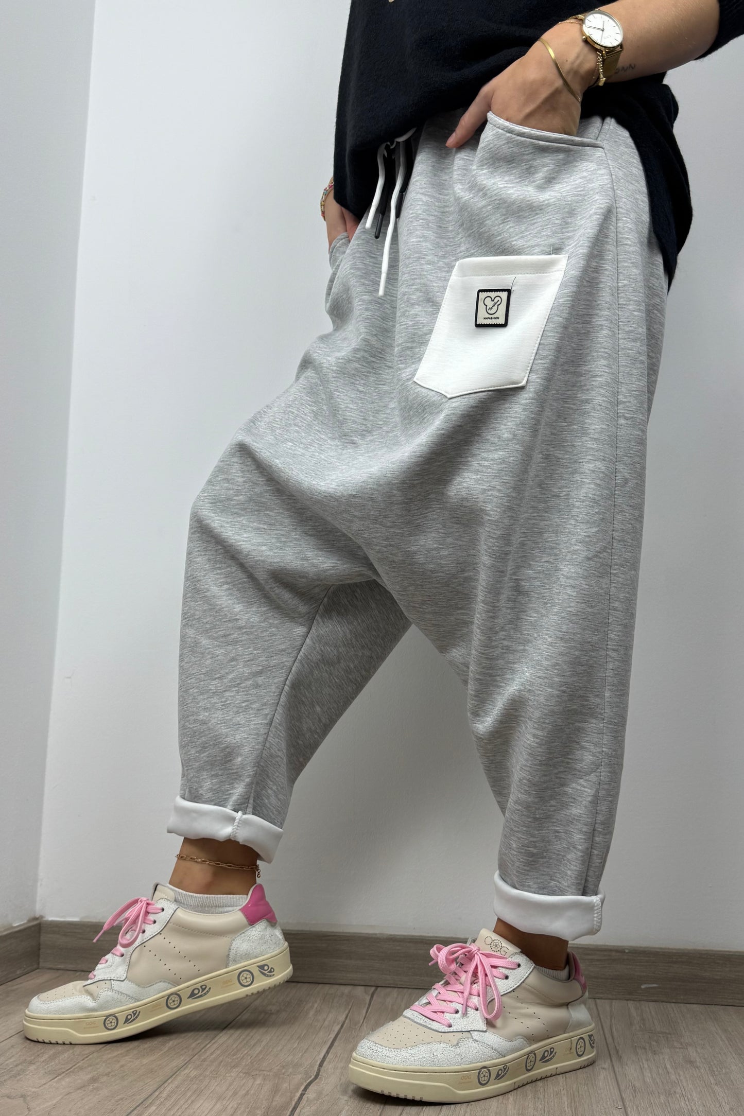 Casual Harem-Hose mit Kontrasttasche – Light grey