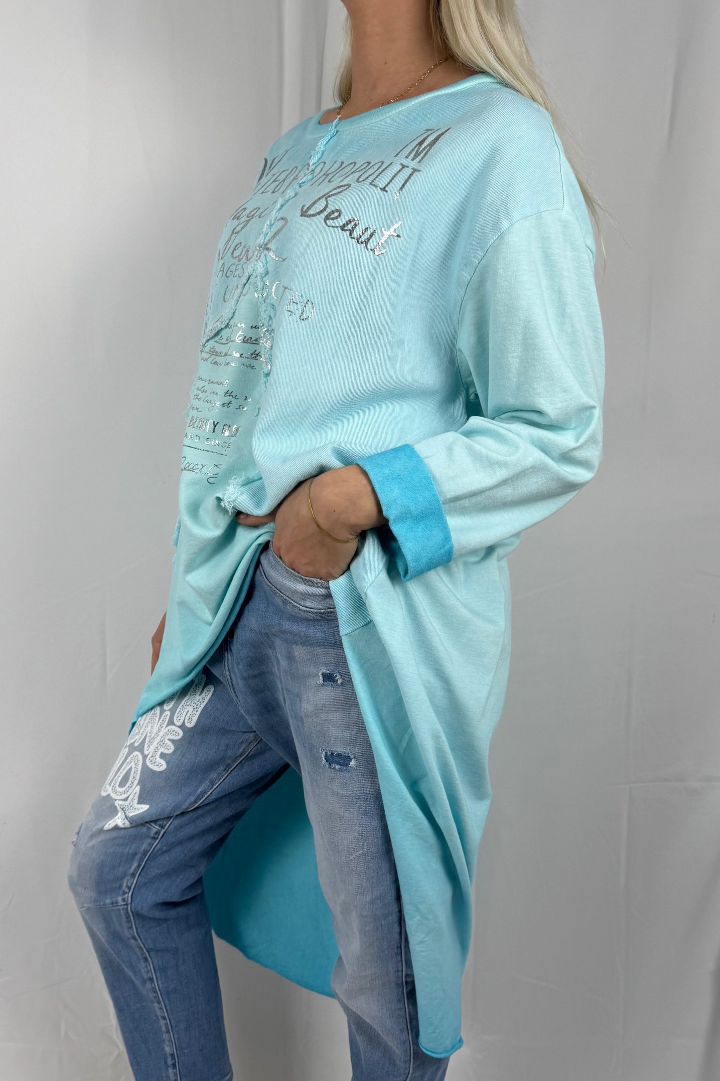 Damen Oversize Longshirt mit Schrift Print-Türkis