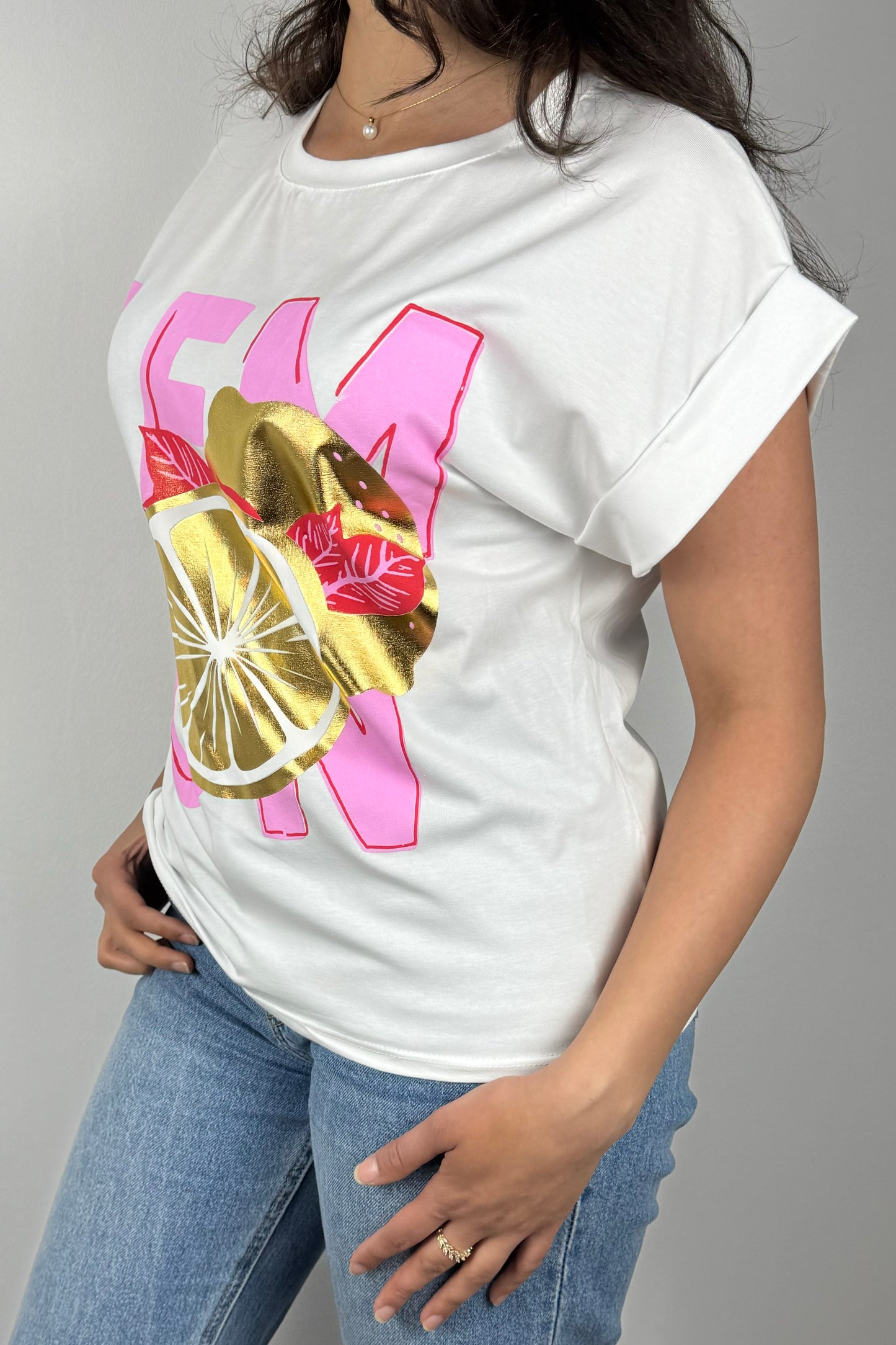 Sommer T-Shirt mit Glanzeffekt & Metallic-Print – „LEMON“-Design