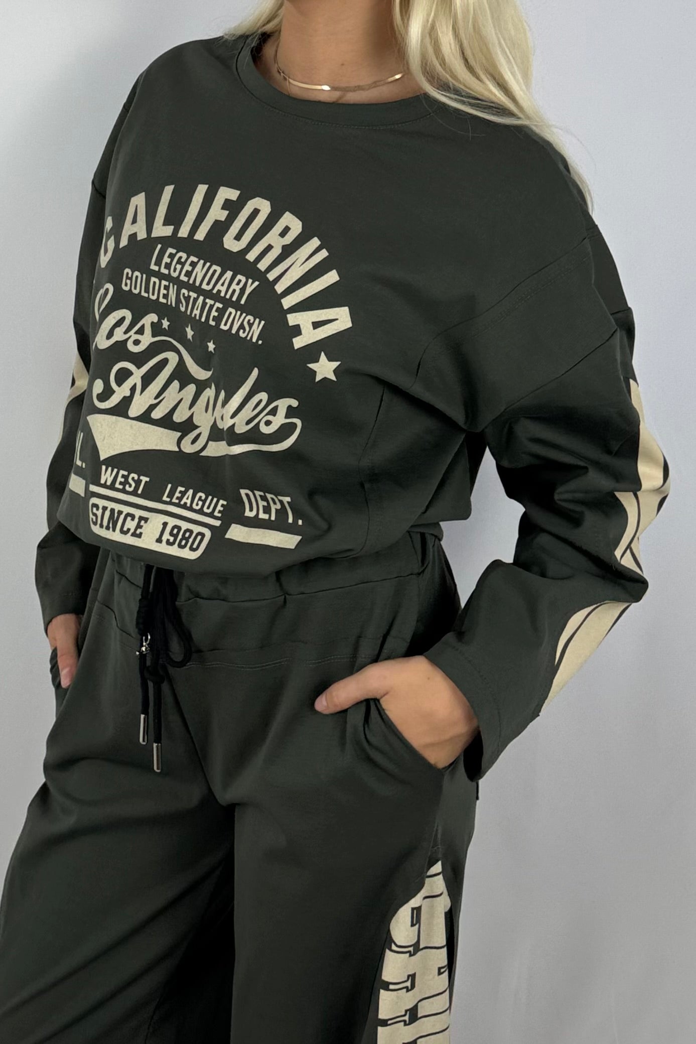 Damen Sweatshirt – California Los Angeles Print-Khaki
