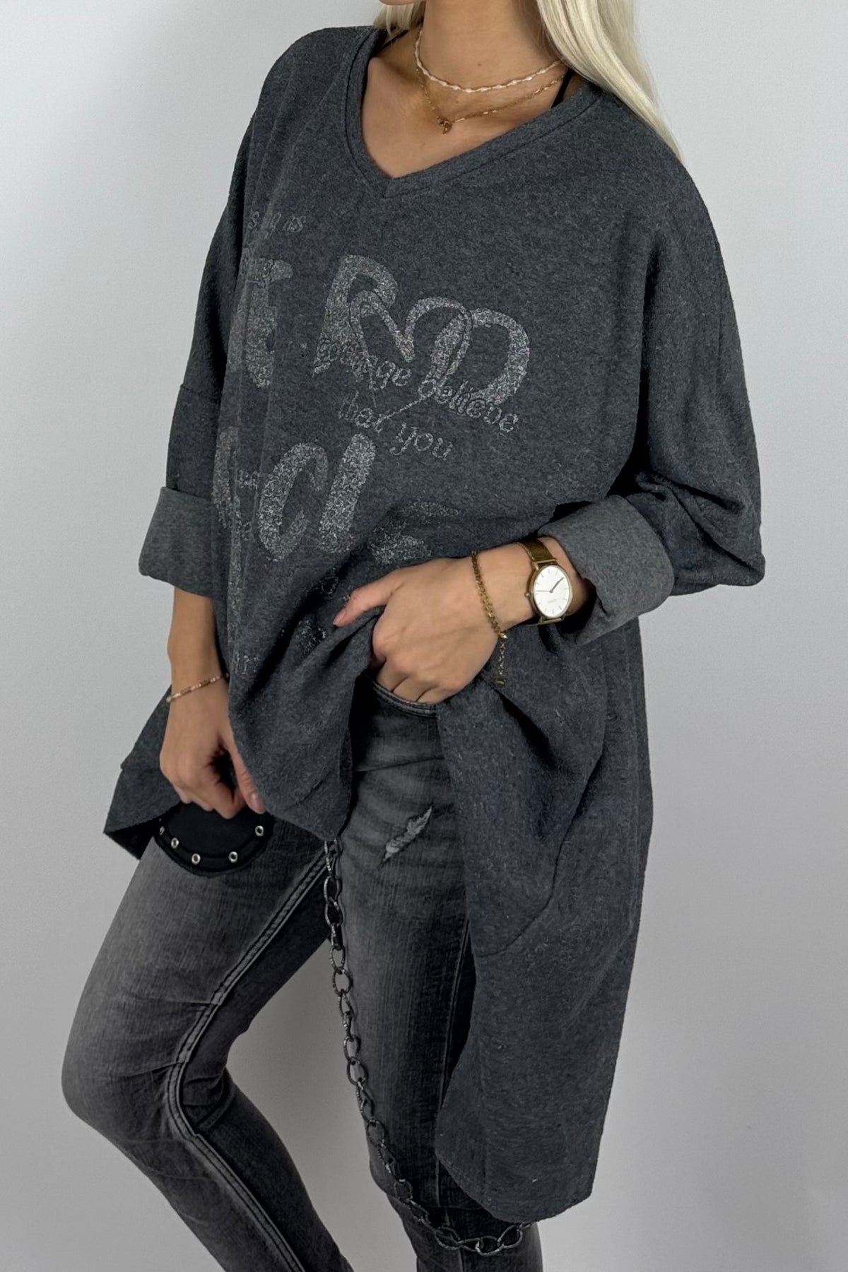 Damen-Sweatshirt mit V-Ausschnitt und Glitzerprint-Anthrazit