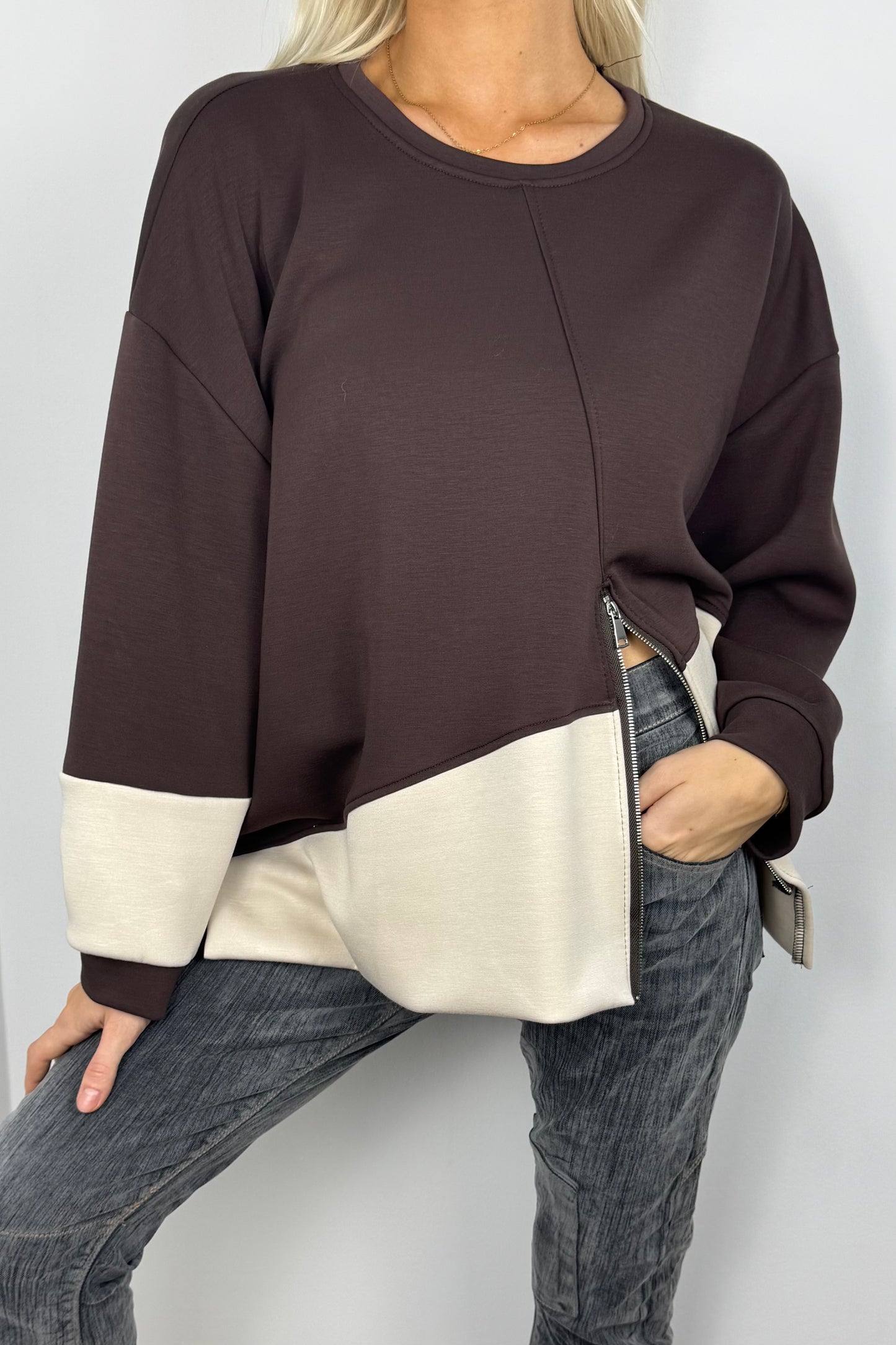 Casual Shirt mit Reißverschluss-Detail –Choco