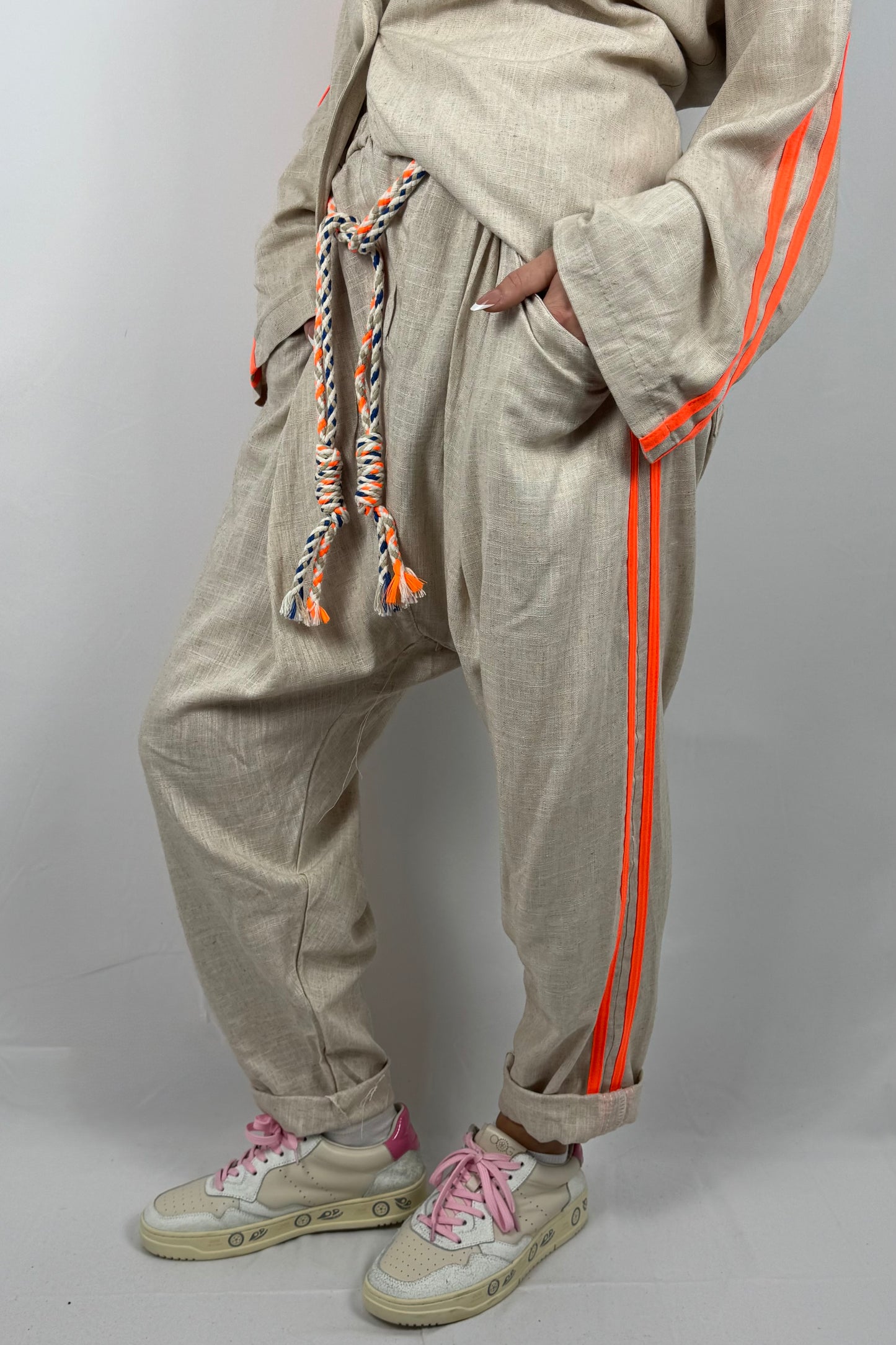 Leinen Hose mit Streifen & Kordel-Orange