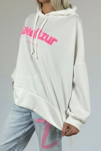 Oversize Hoodie mit Schriftzug „Côte d’Azur“-Weiß
