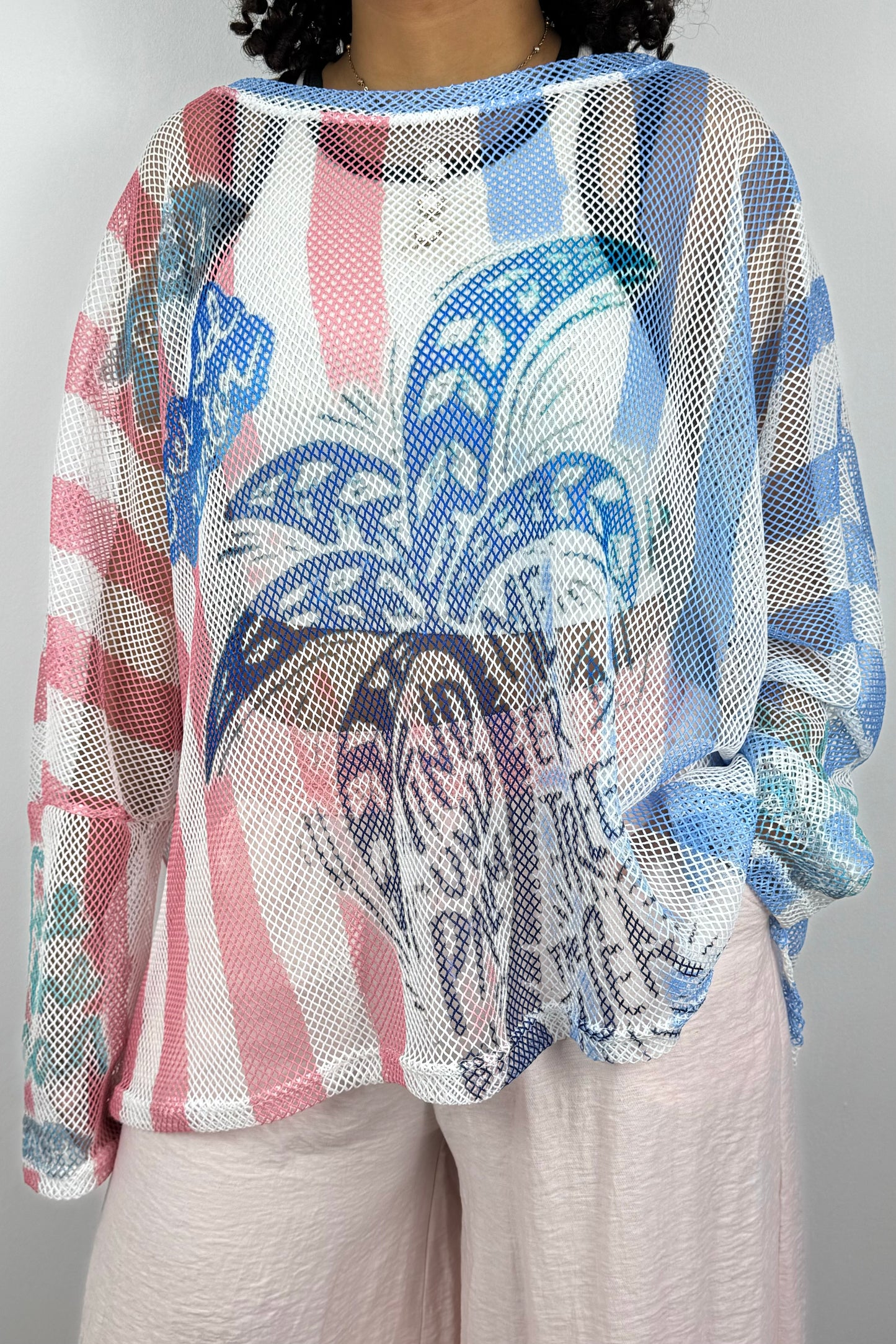 Transparentes Mesh-Shirt mit Palmen-Print – Damen