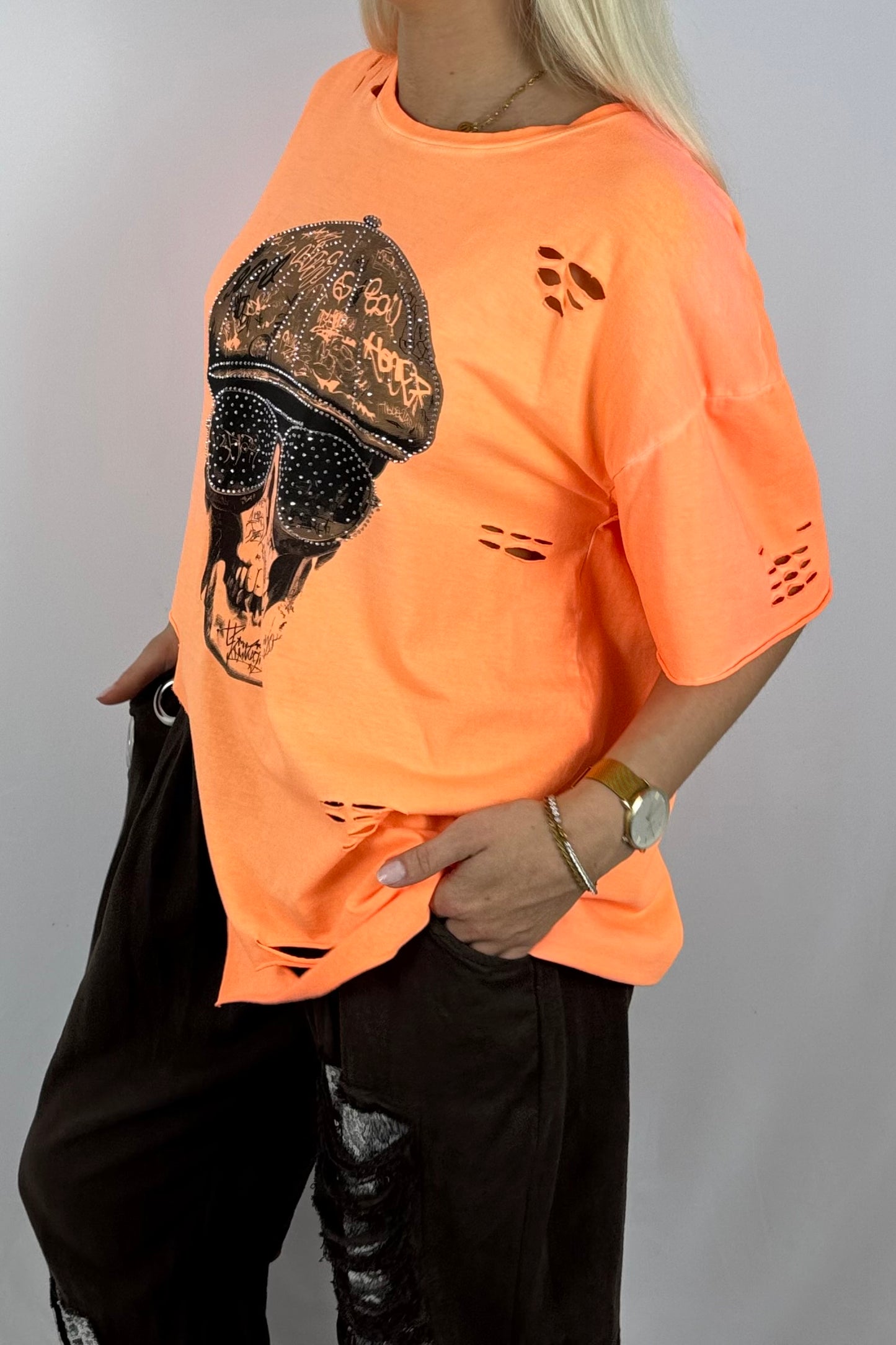 Oversize Shirt mit Skull-Print & Destroyed-Look-Neon Orange