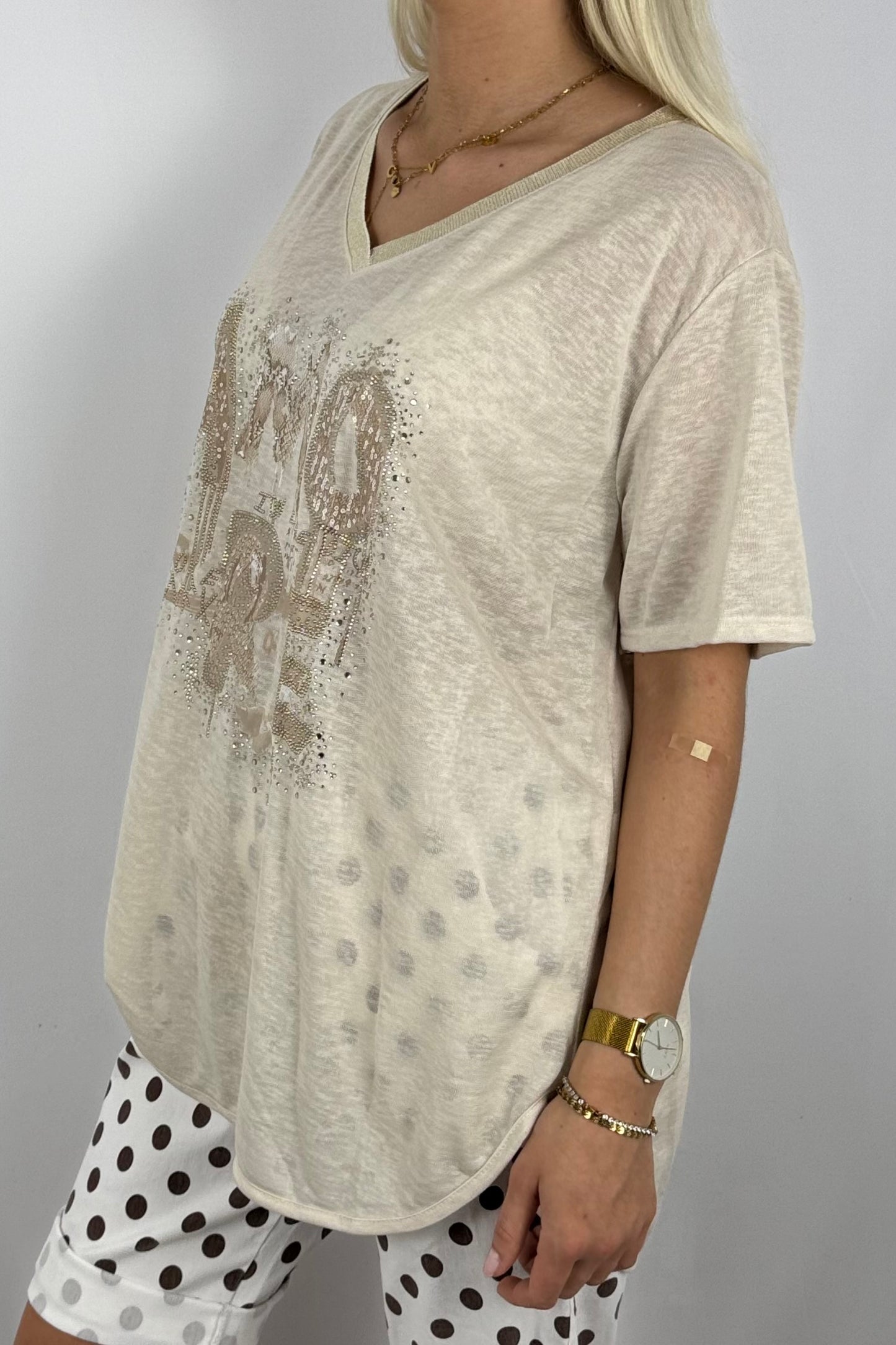 Shirt „AMORE“ mit Glitzer-Print-Beige