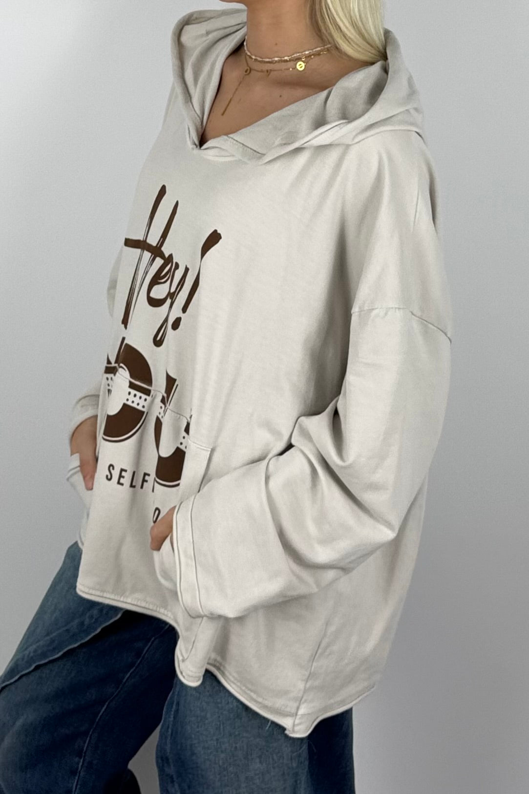 Damen Oversize Hoodie „Hey You“ mit Kapuze – Beige