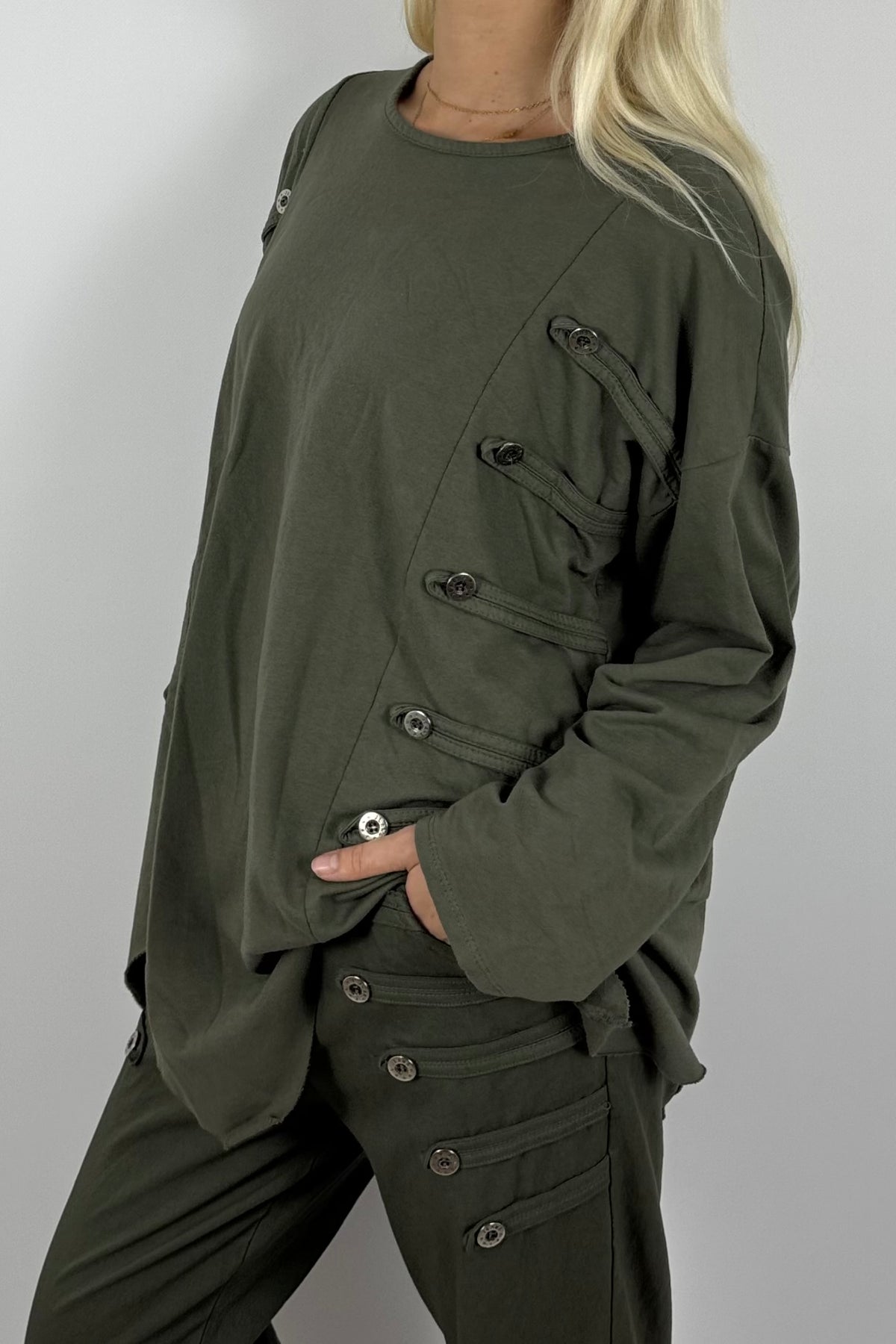 Damen Oversize Shirt mit Knopfdetails – Khaki