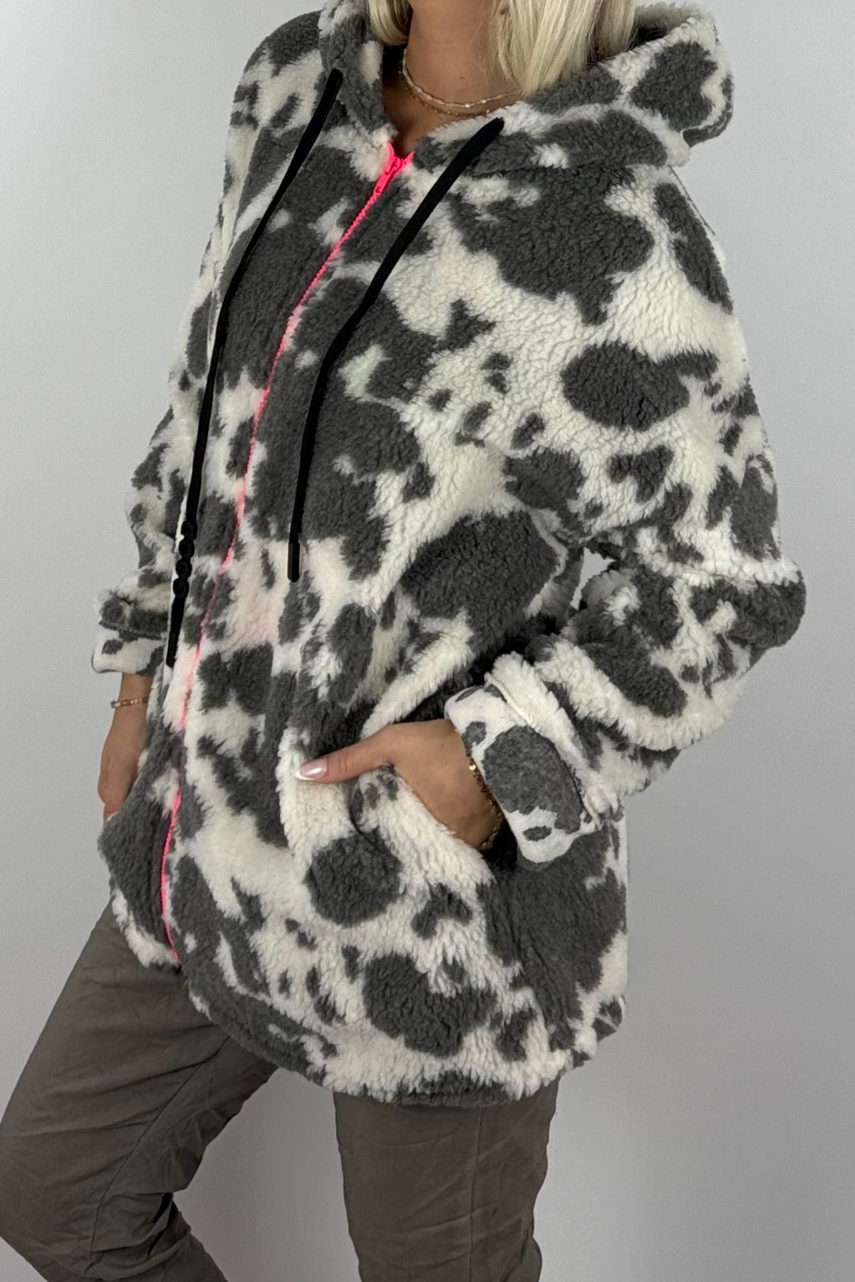 Damen Teddyjacke mit Kapuze-Hell grau