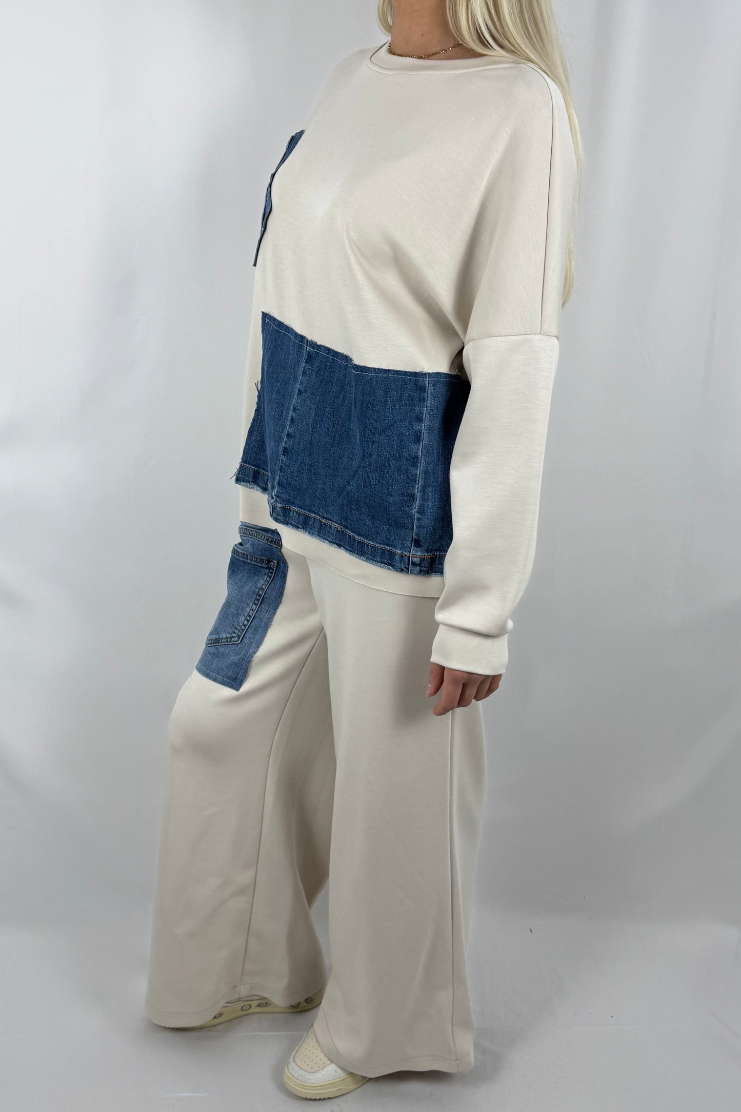 Damen Zweiteiler Set mit Denim Patch Details-Beige