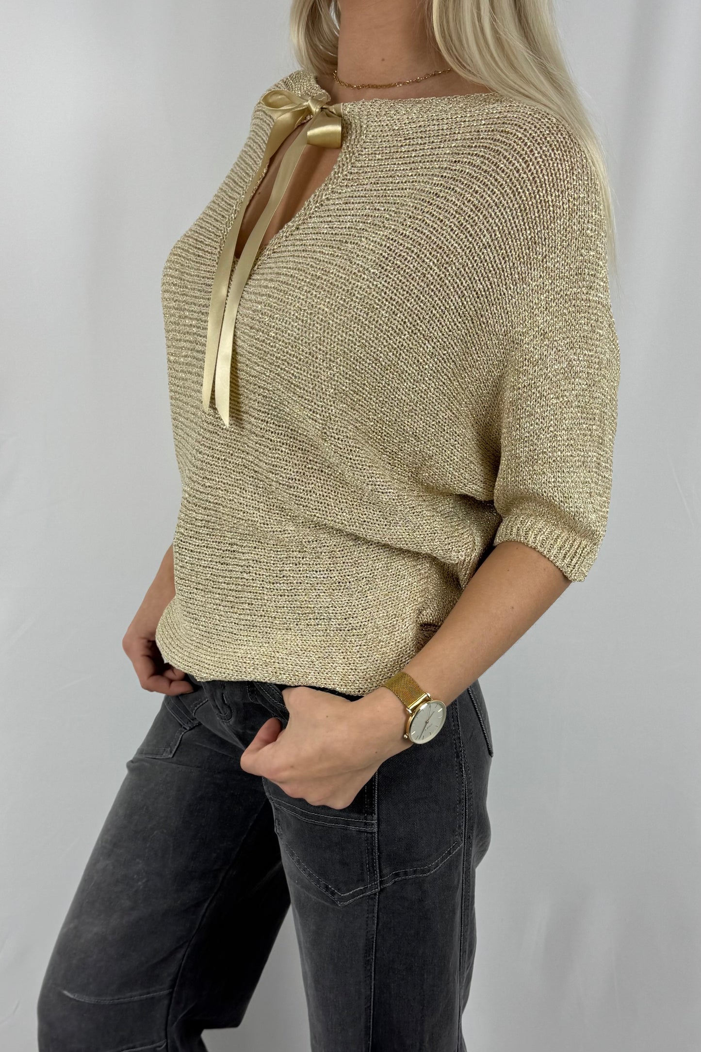 Damen Strick Shirt mit Schleifen Detail-gold