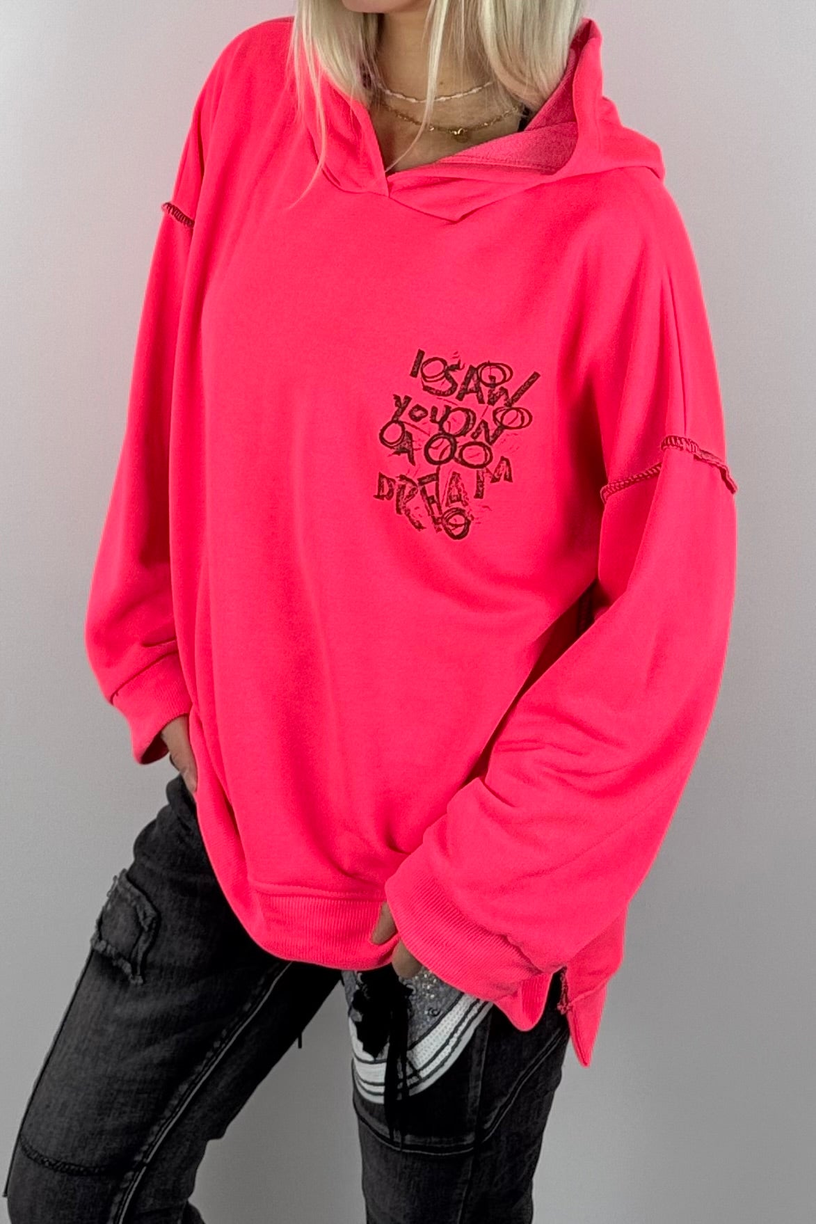Damen-Hoodie mit Schriftprint und Ziernähten-Neon Pink