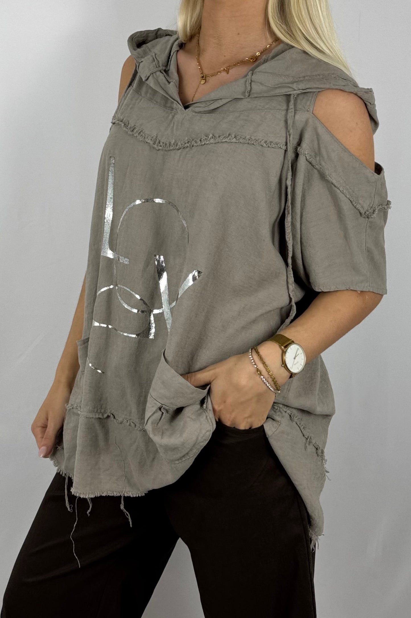 Leinen-Top mit Kapuze & LOVE-Print-Mud