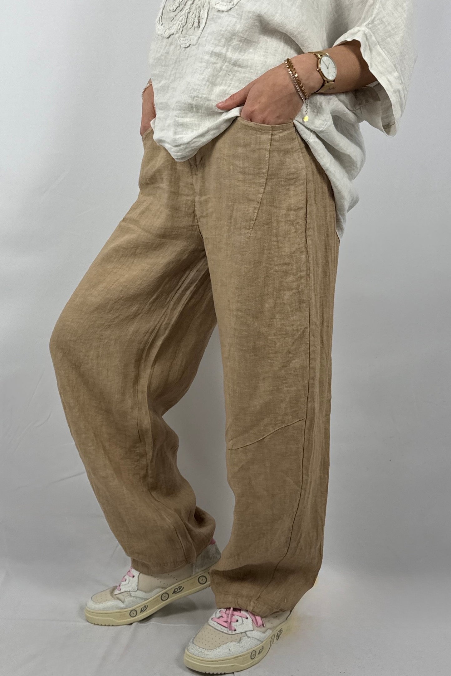 Lässige Leinenhose mit Knopfverschluss – Moderner Sommer Style-kamel