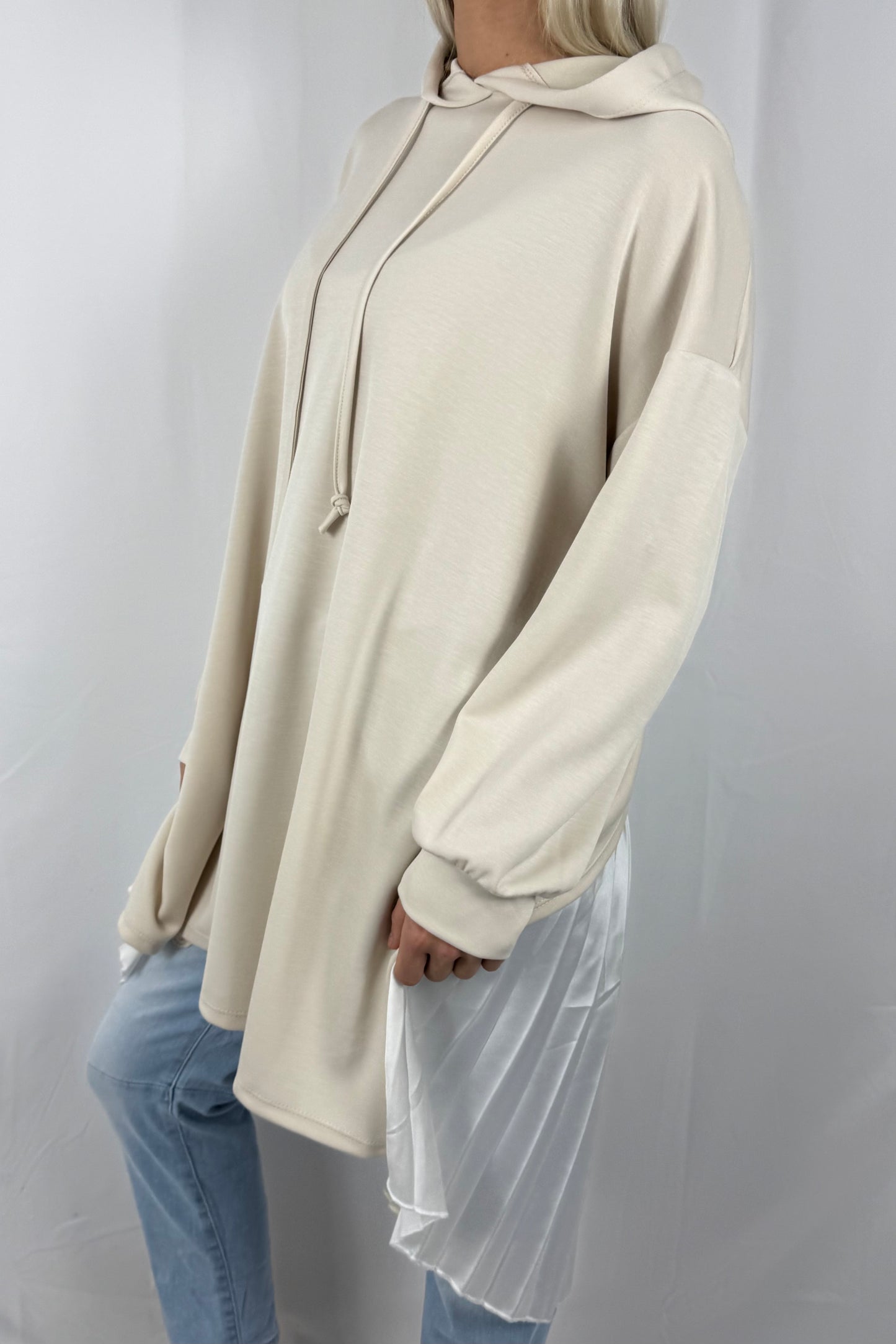 Damen Hoodie mit Plissee Einsatz-Beige