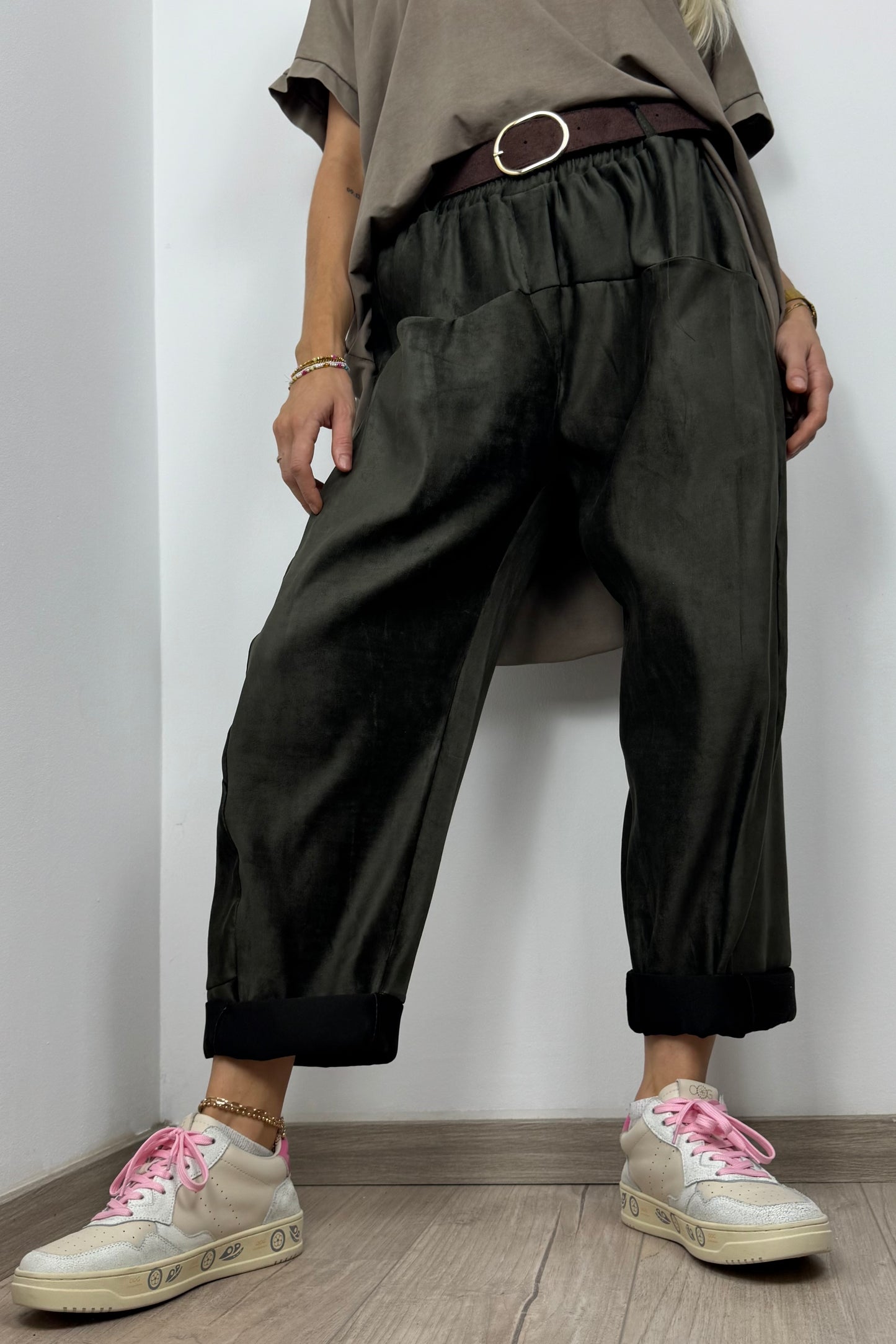 Elegante Satinhose mit Gürtel-Dunkel grün