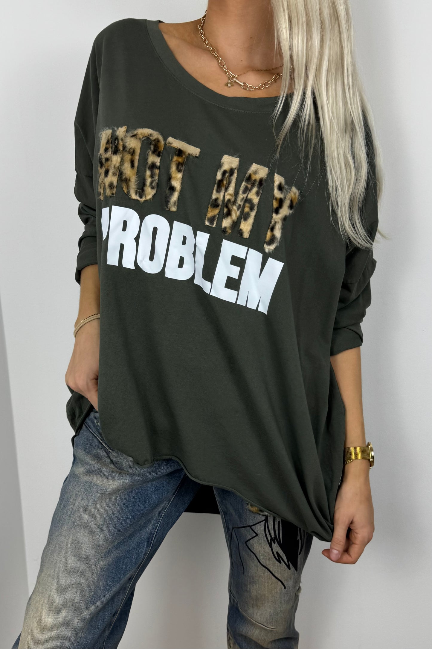 Locker geschnittenes Damen-Shirt mit Statement-Print-Khaki