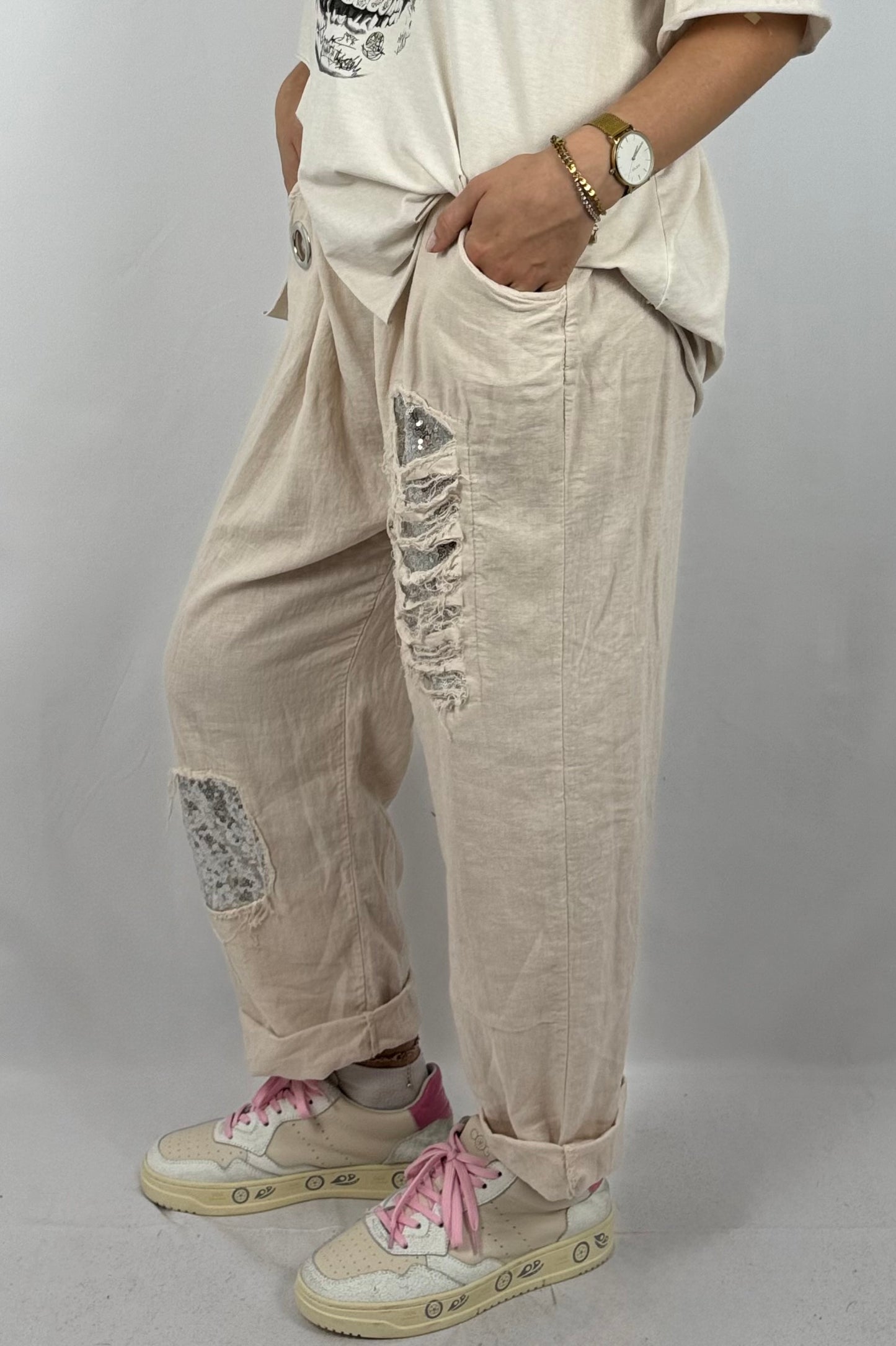 Leinen-Viskose Hose mit Pailletten-Details-Beige