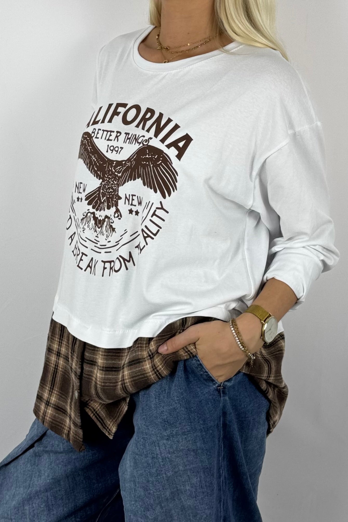 Damen Layering-Shirt „California“ – Karomuster-Look-Weiß
