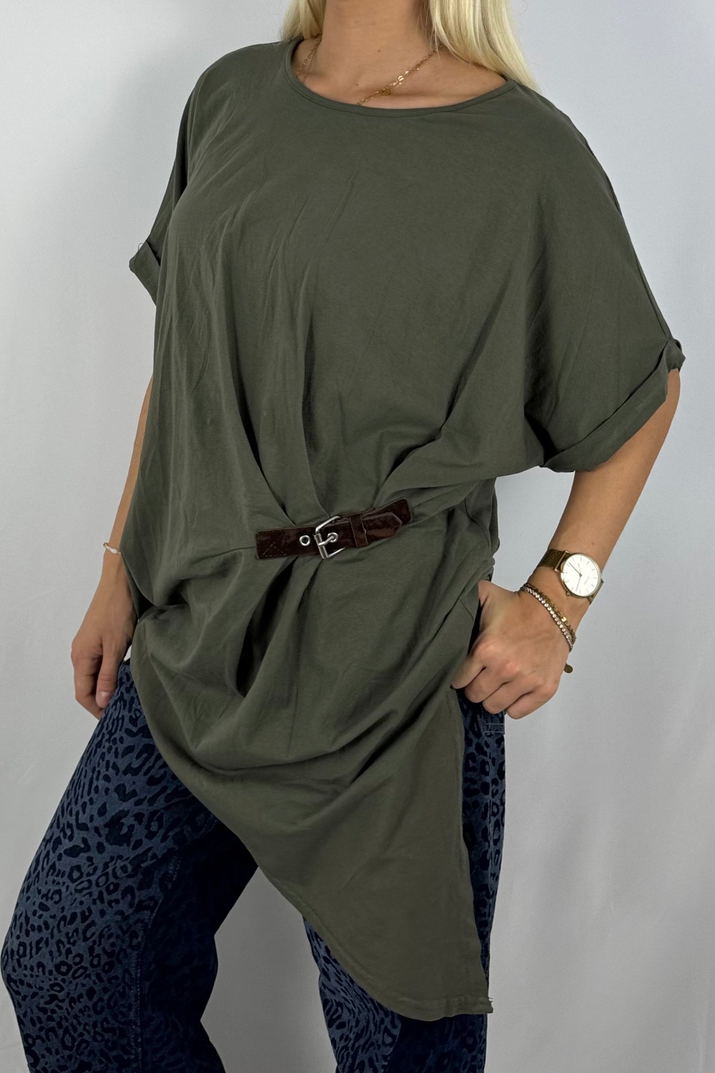 Damen Longshirt mit Schnalle – Oversize-Khaki