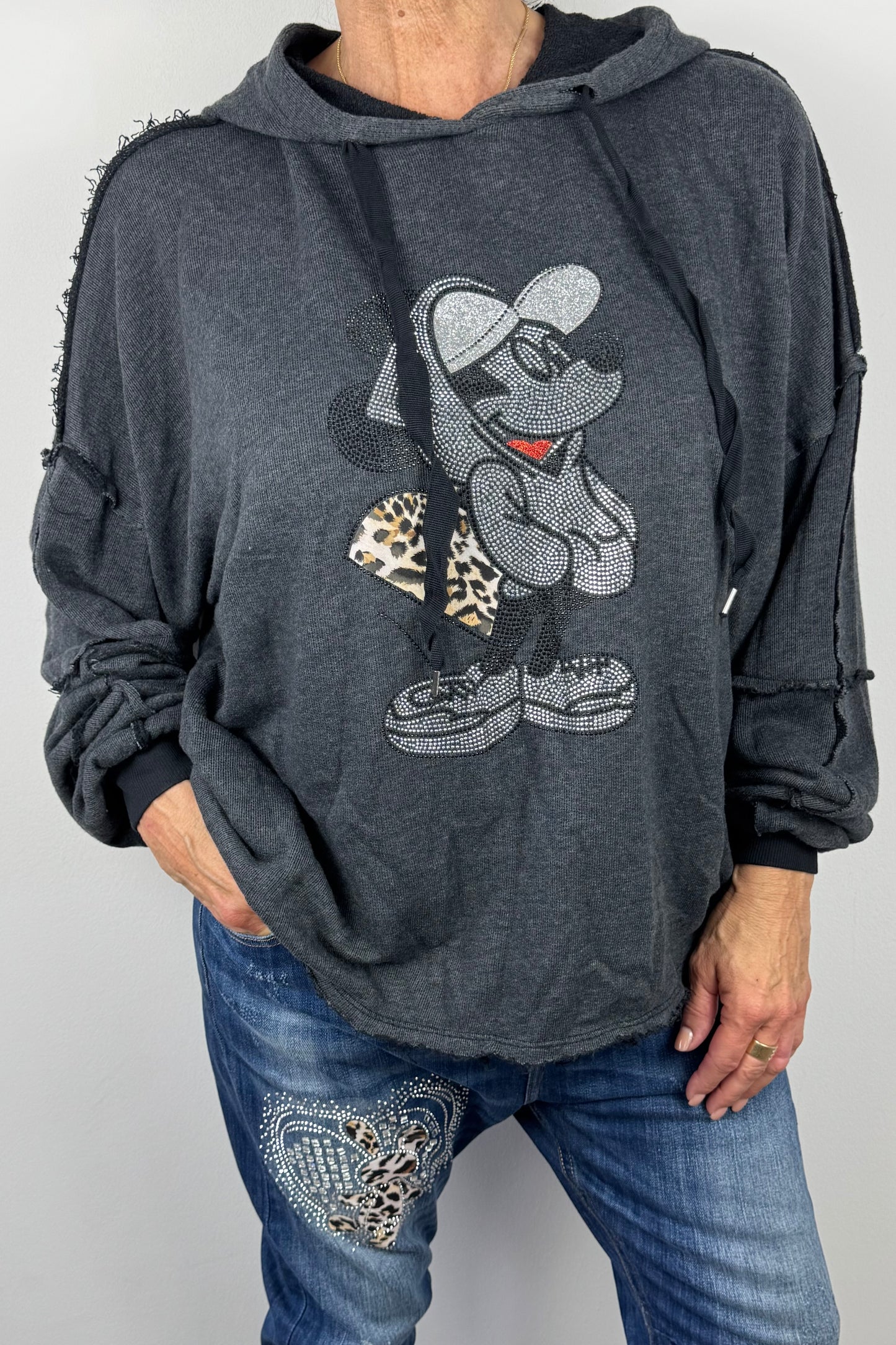 Damen Hoodie mit Glitzer-Motiv & Animal-Print-Detai