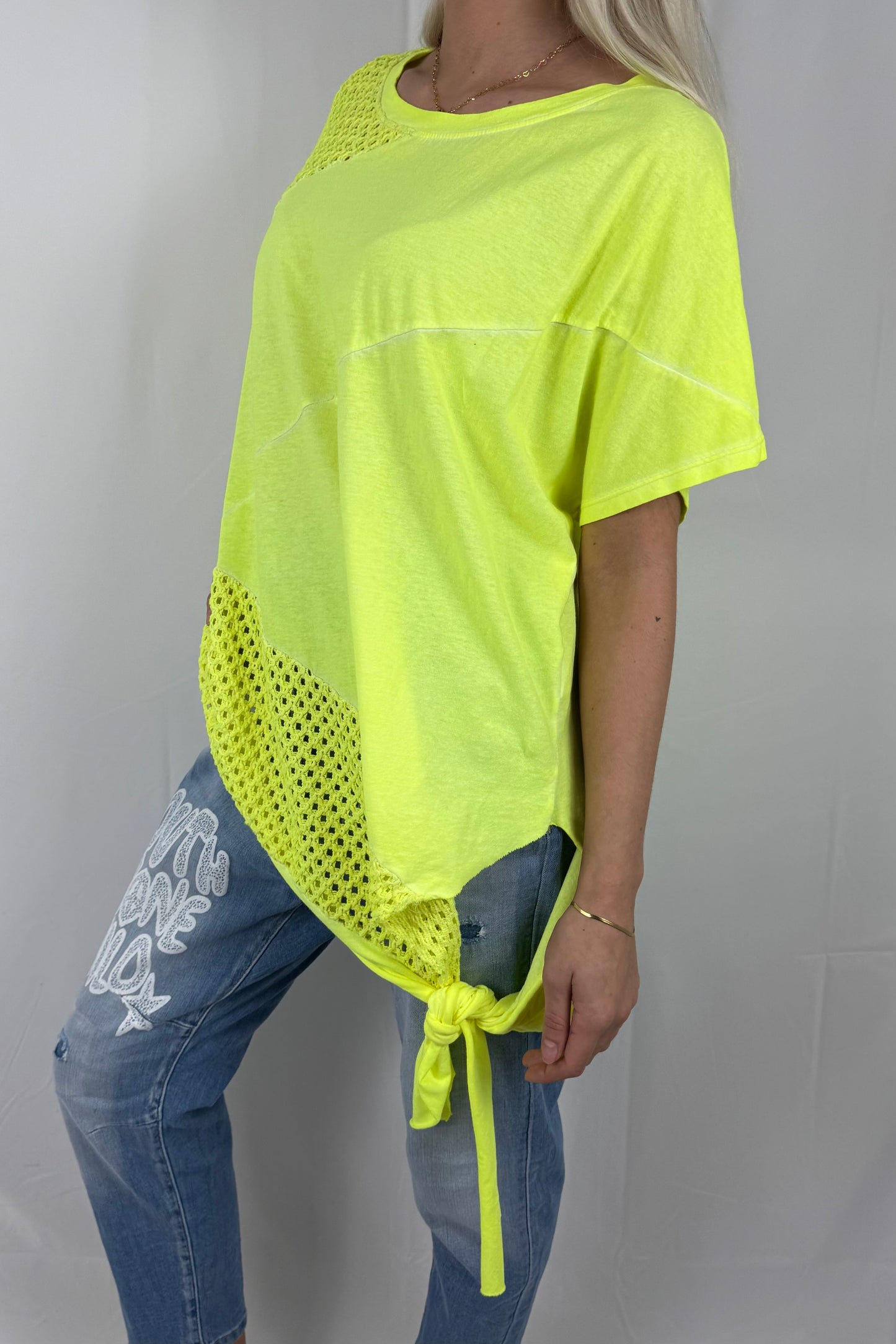 Damen Oversize Shirt mit Netz Einsatz und Bindeband-Neon gelb