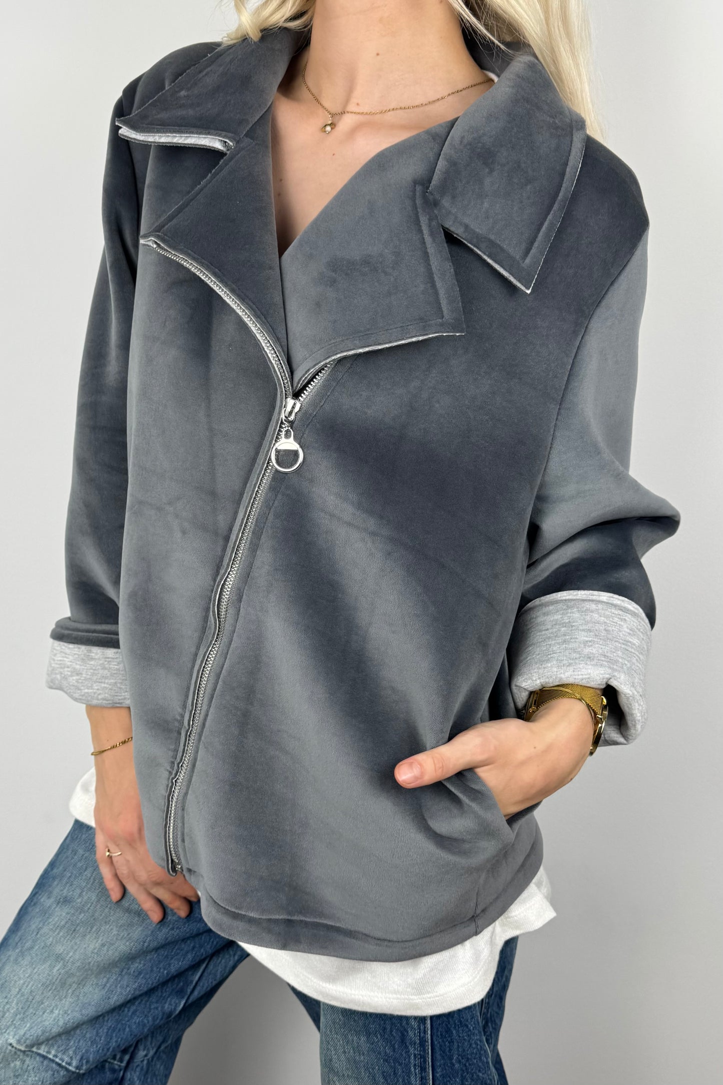 Jacke mit Reißverschluss und Rock & Roll Print-Grau