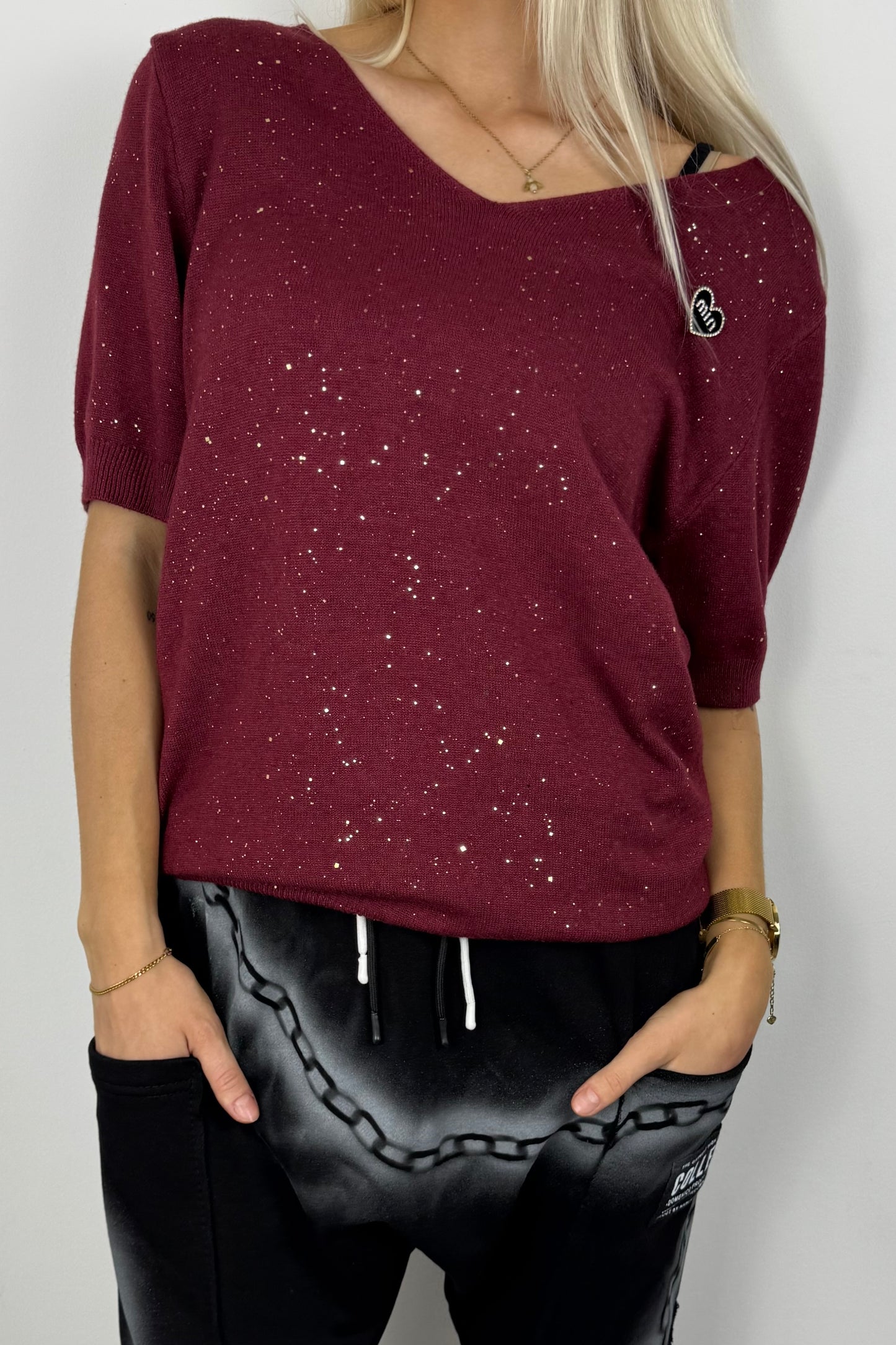Damen Shirt mit Herz-Detail und Glitzer-Akzenten -Bordeux