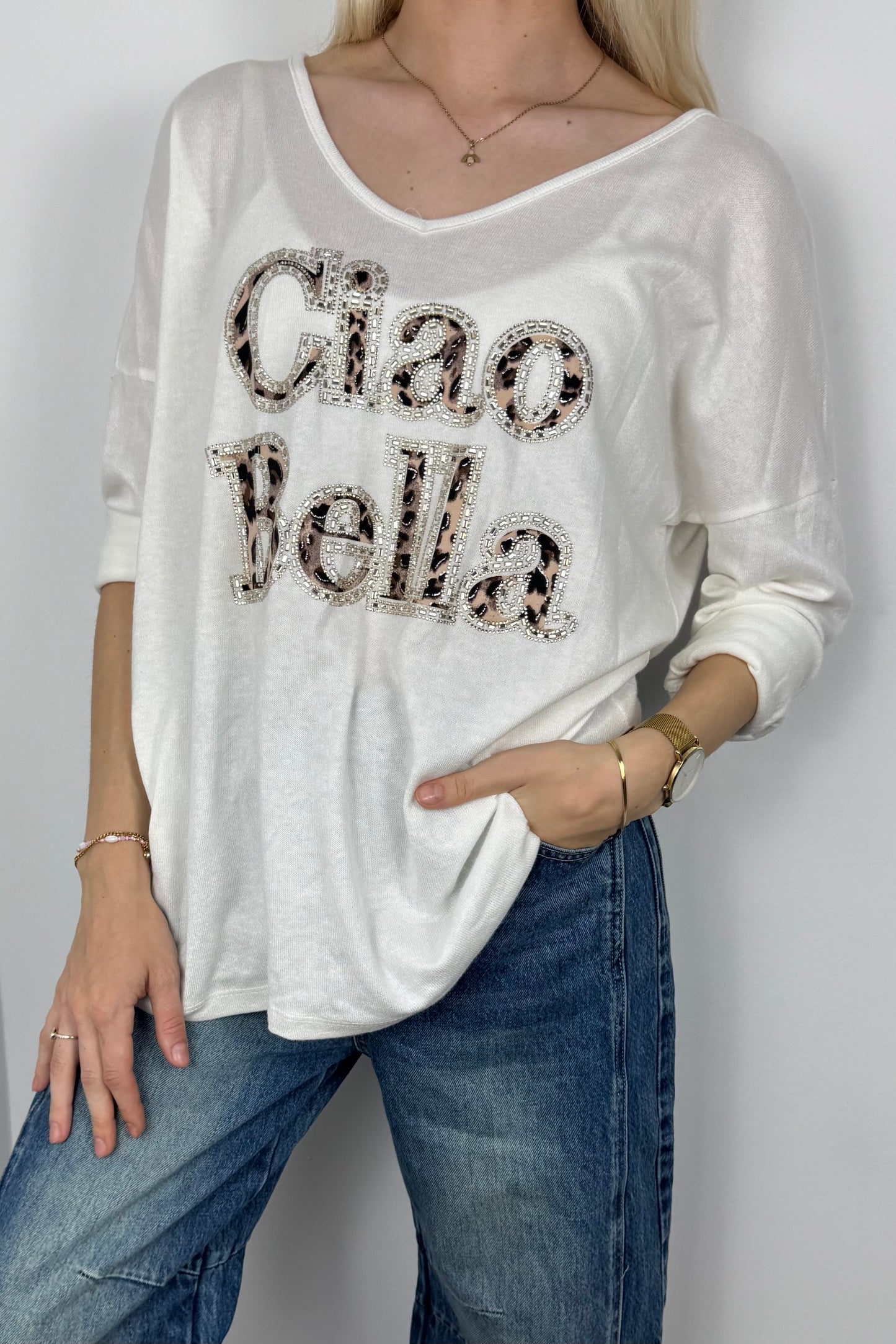 Shirt mit „Ciao Bella“ Print-Weiß