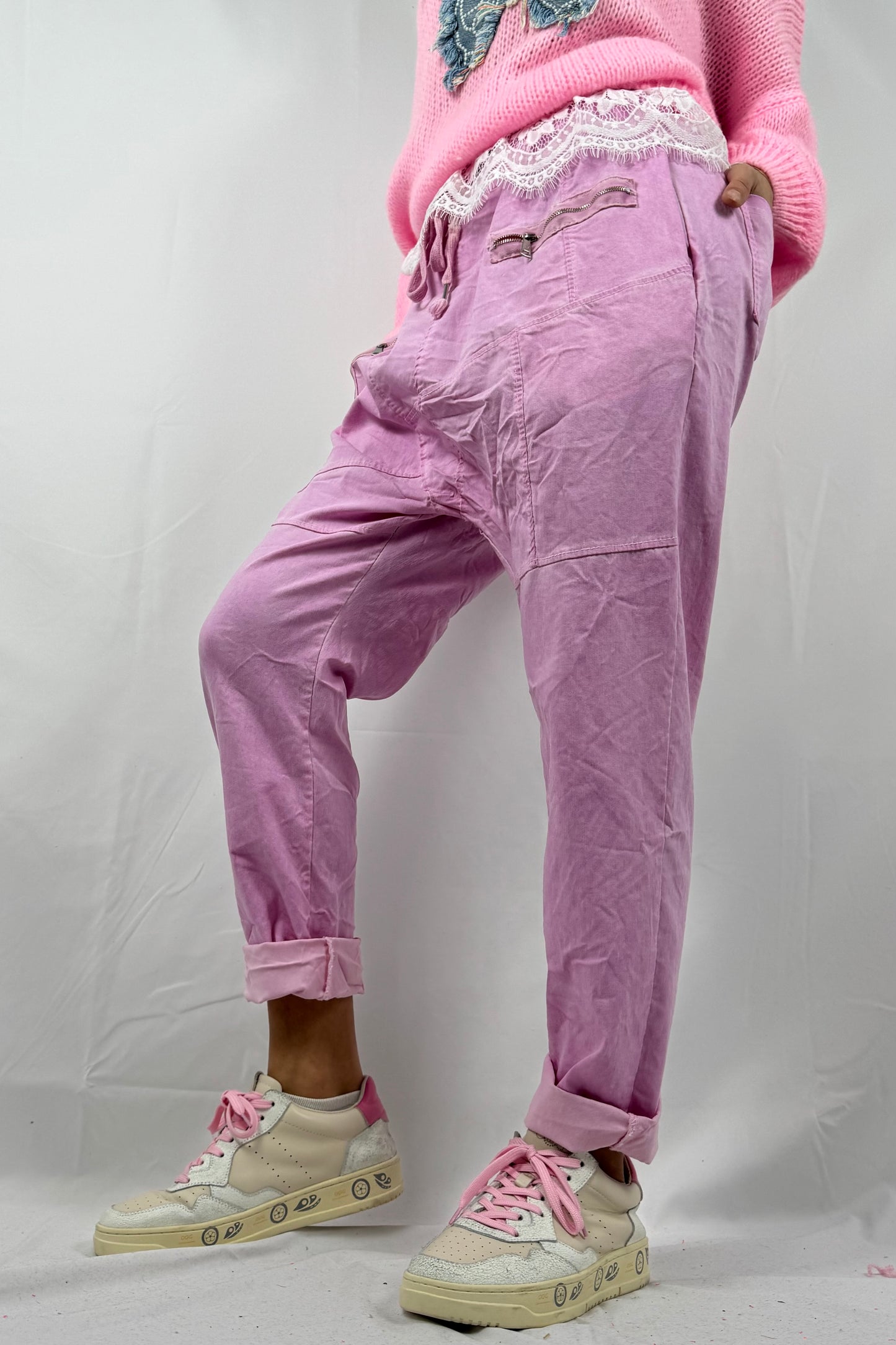 Hose mit elastischem Bund & Reißverschlusstaschen-B-Pink